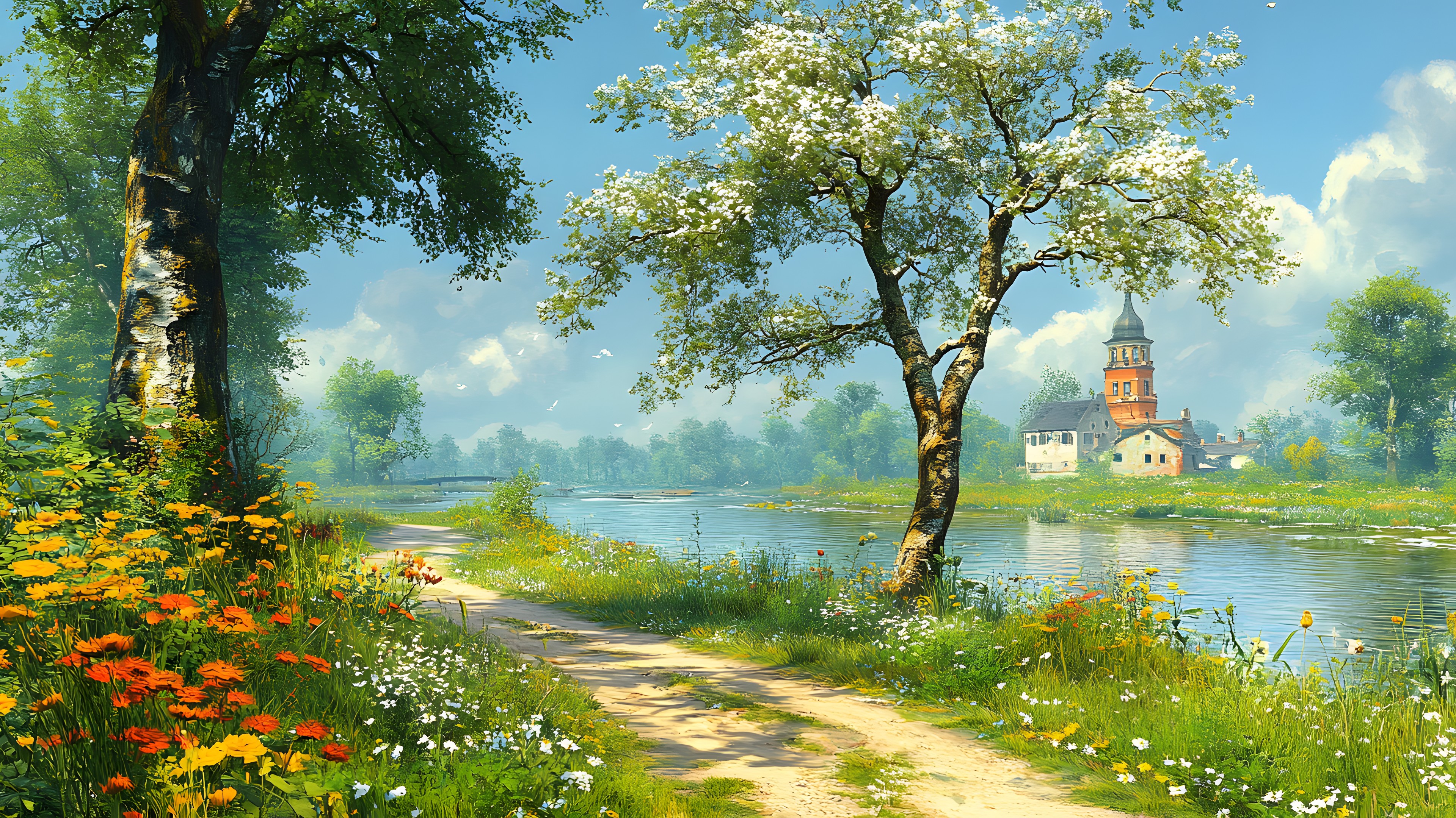 Nature, Plants, Natural landscape, Bank, Watercourse, Rural area, River, Fluvial landforms of streams, Spring, Morning, Art Paint, Stream, Riparian zone, Watercolor painting, Wetland, Painting, Meadow, Paint, Riparian forest, Wildflower
