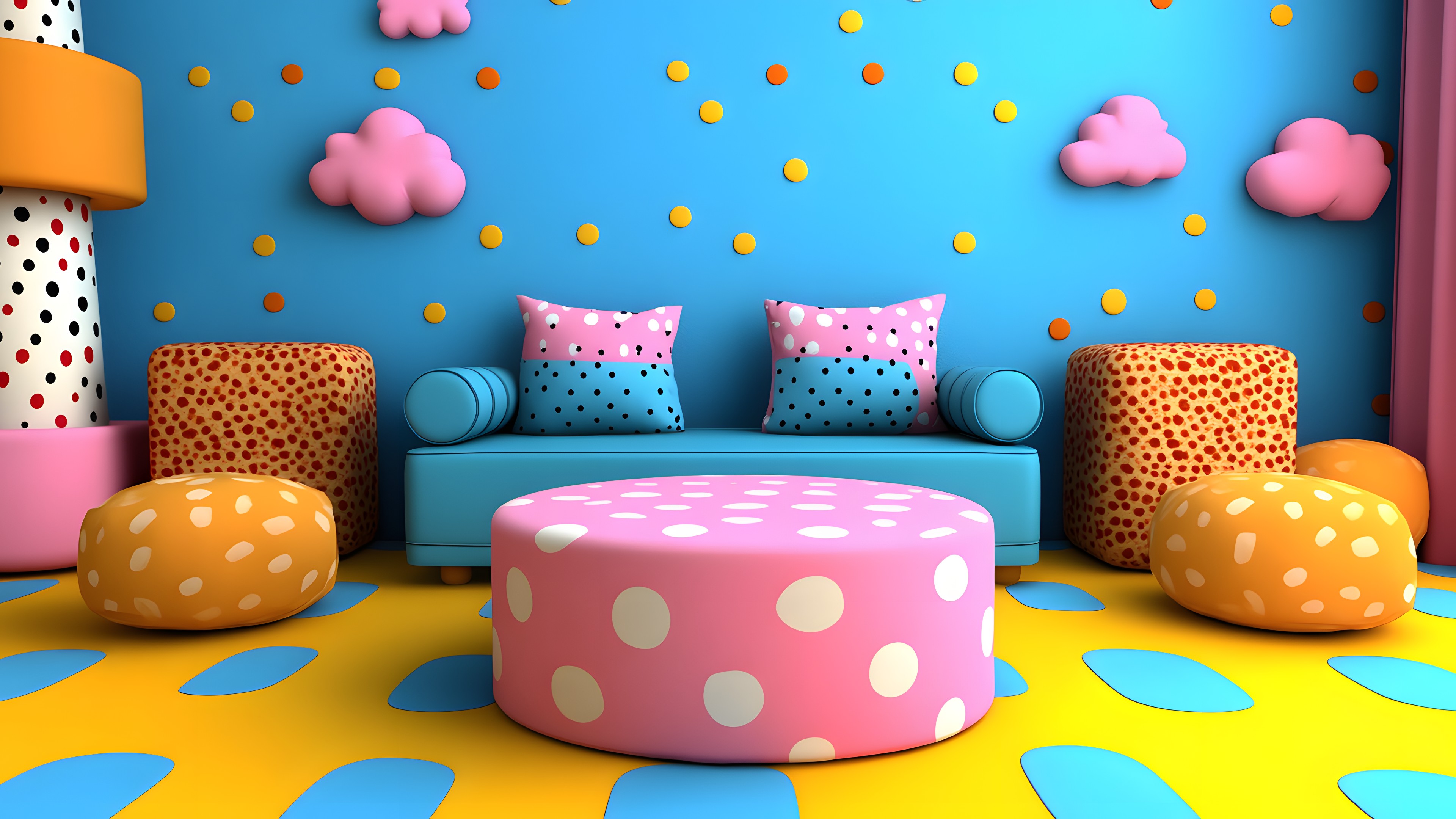 Yellow, Interior design, Pink, Design, Toy, Wallpaper, Graphics, Polka dot, Living room, Wall sticker, Daybed