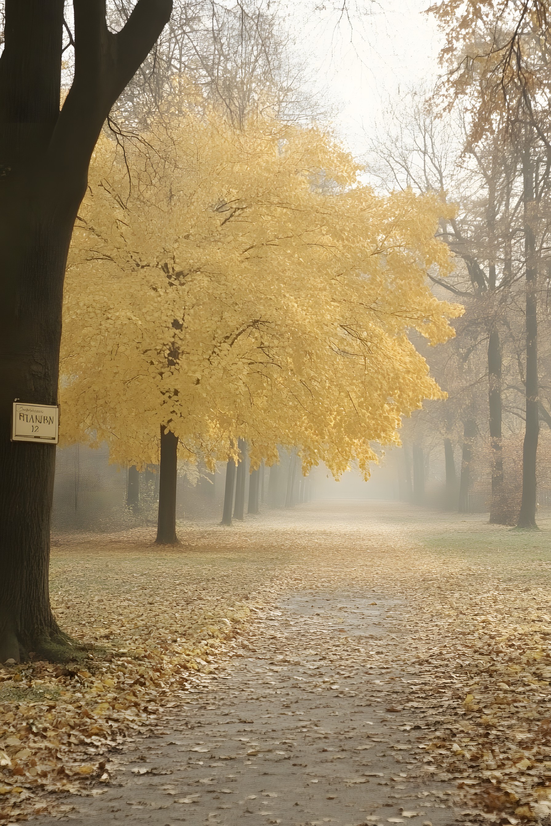 Leaf, Branch, atmospheric phenomenon, Brown, Twig, Trunk, Fog, Autumn, Morning, Mist, Winter, Woody plant, Woodland, Haze, Grove, Trail, Shadow, Dirt road