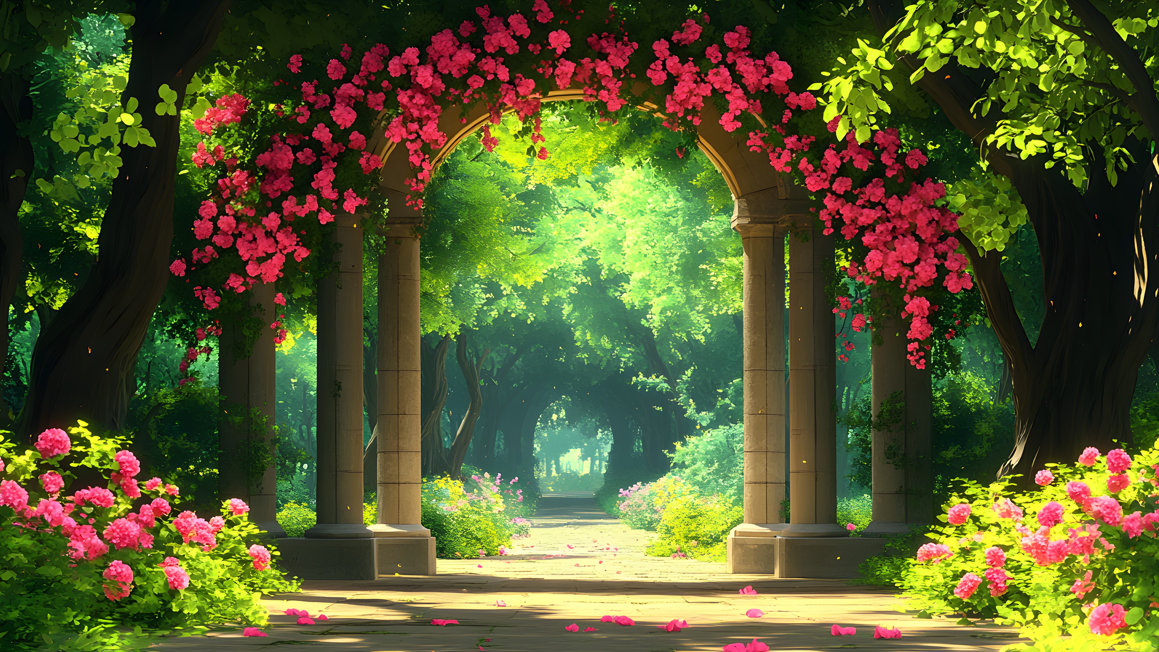 Flower, Nature, Petal, Garden, Shrub, Pink, Spring, Botanical garden, Landscaping, Perennial plant, Floral design, Walkway, Geraniums