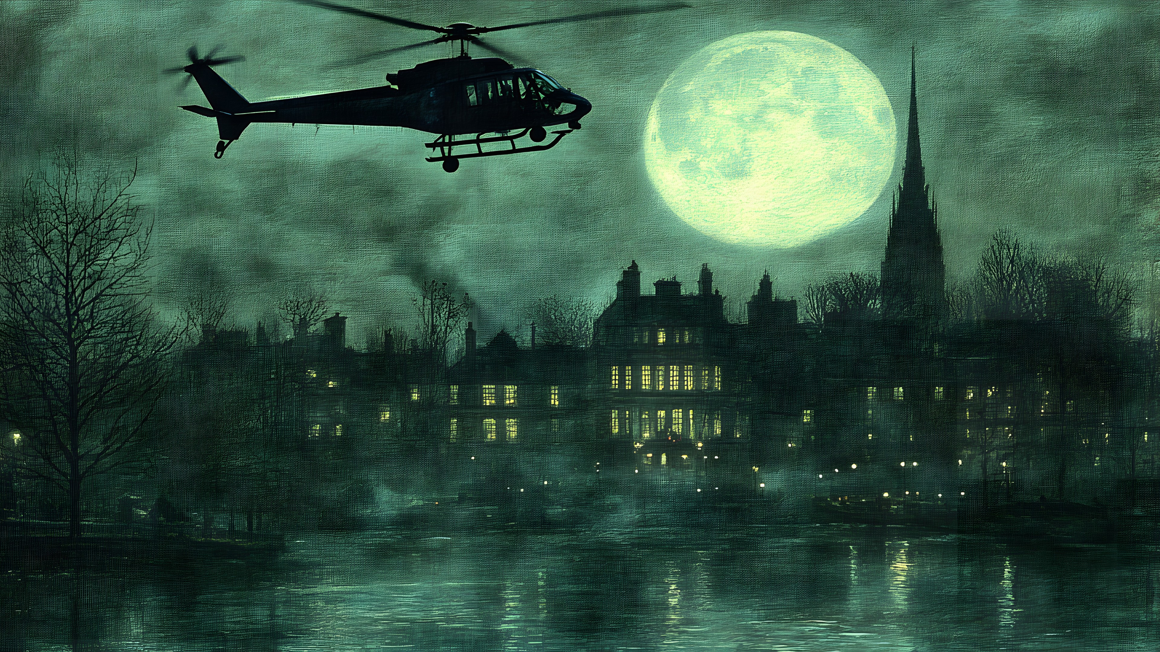 Sky, Helicopter, Aircraft, Military helicopter, Helicopter rotor, Rotorcraft, World, Moon, Paint, Vehicle, Painting, Aviation, Art, Water, Building, Tints and shades, Full moon, Illustration, Military aircraft, Event