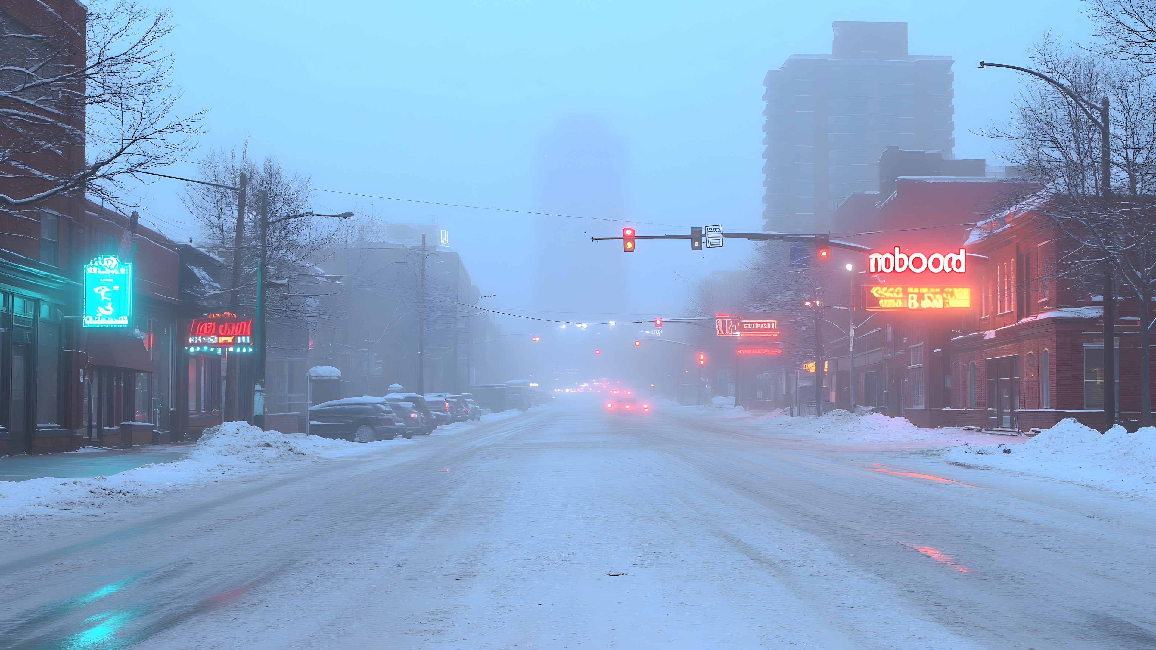 Mode of transport, Winter, Urban area, Electricity, Automotive lighting, Snow, Road, City, Street, Lighting, signaling device, Electrical Supply, Metropolitan area, Freezing, Street light, Precipitation, Thoroughfare, Metropolis, Traffic light, Winter storm