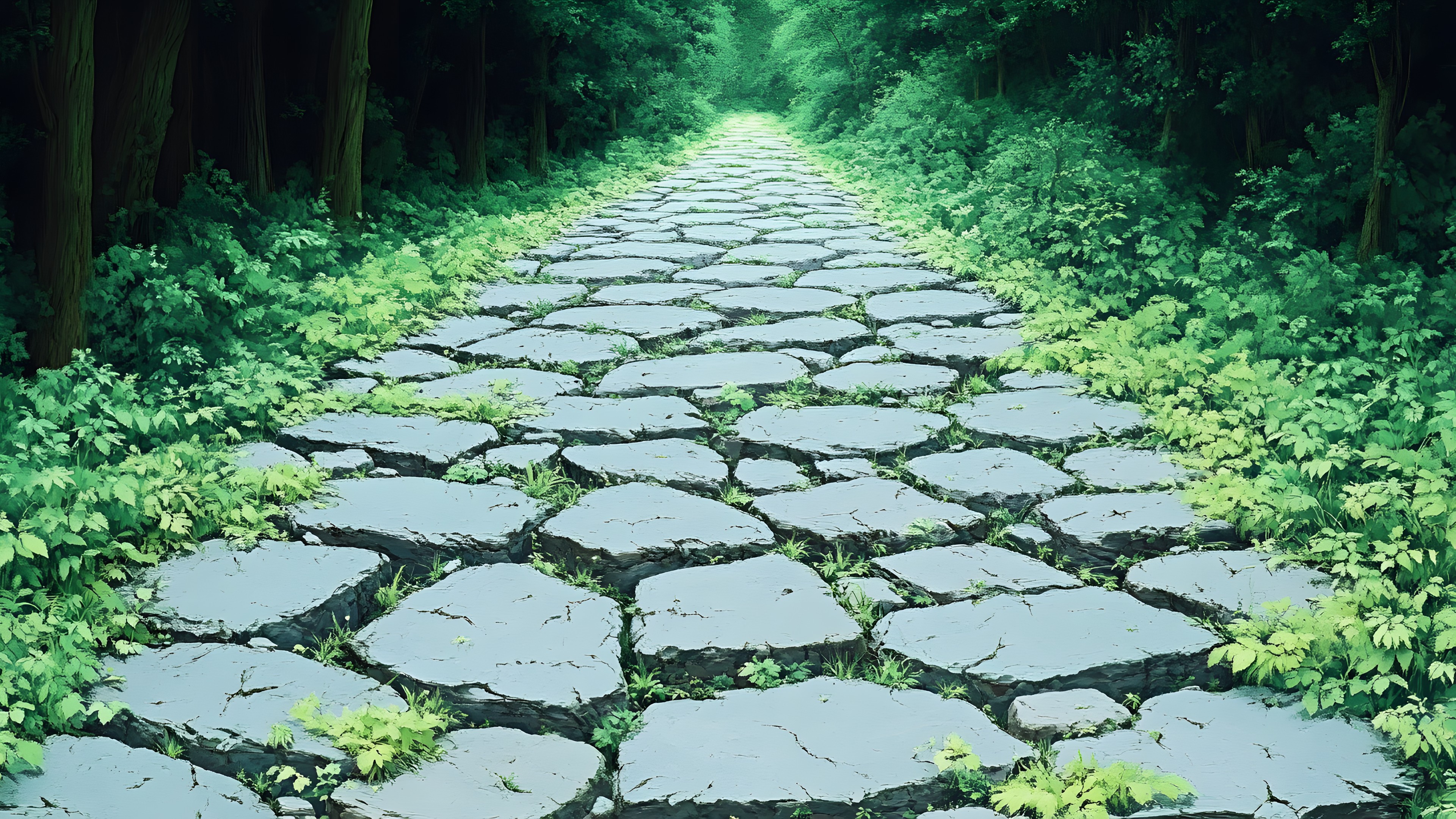 Green, Cobblestone, Groundcover, Flagstone, Walkway, Algae, Path, Old-growth forest, Moss, Trail