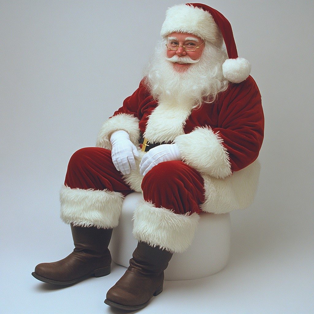 Beard, Santa Claus, Facial hair, Fictional character, Moustache, Headgear, Hat, Christmas Day, Sitting, Lap, Toy, Fur clothing, Sock, Holiday, Costume Hat, Pleased, Christmas Eve, Elder, Wrinkle