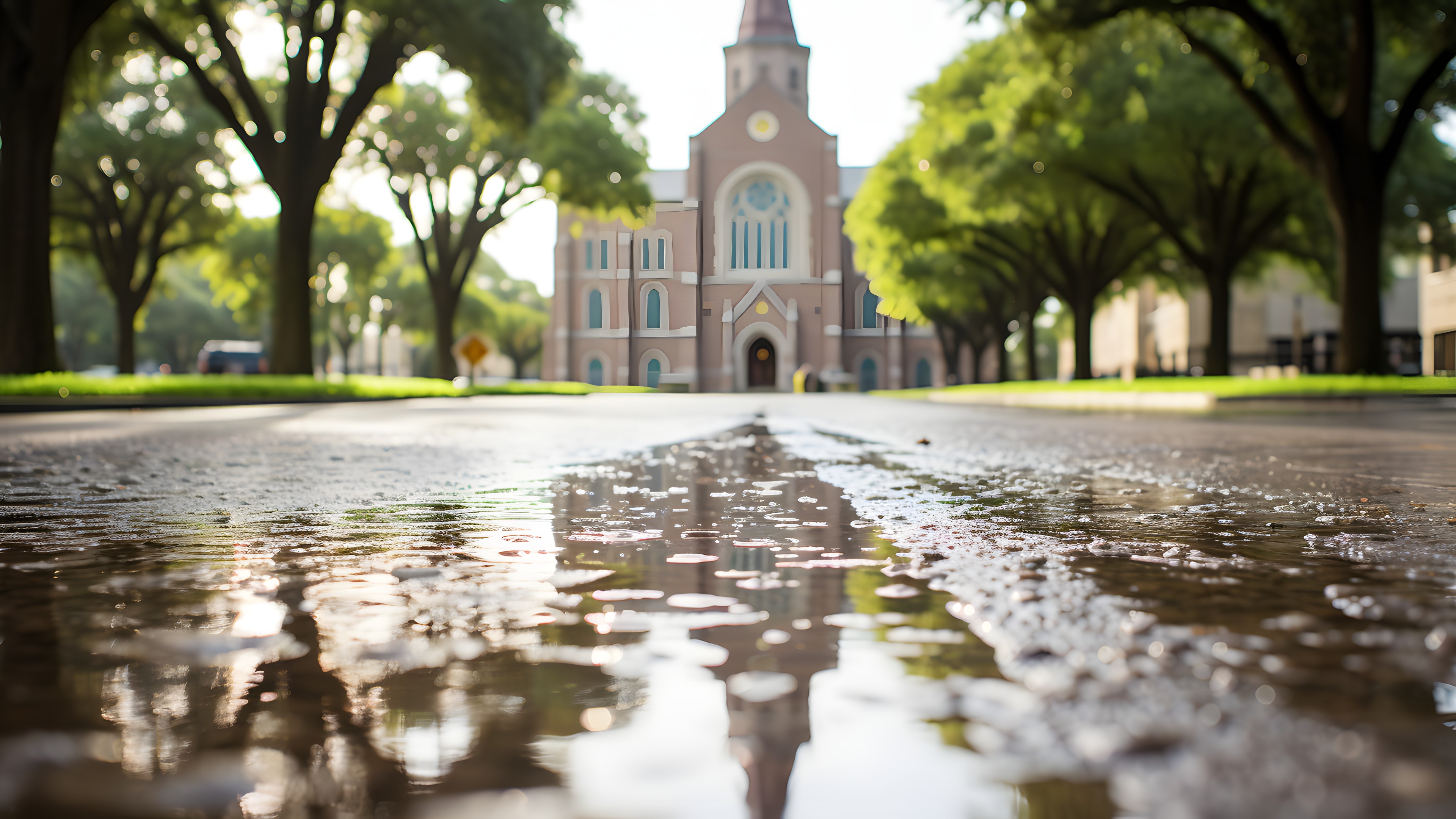 Water, Plant, Road surface, Tree, Leaf, Infrastructure, Sunlight, Grass, Wood, Flooring, Line, Road, Landscape, Asphalt, Morning, Sidewalk, Summer, Landmark, City, Tints and shades