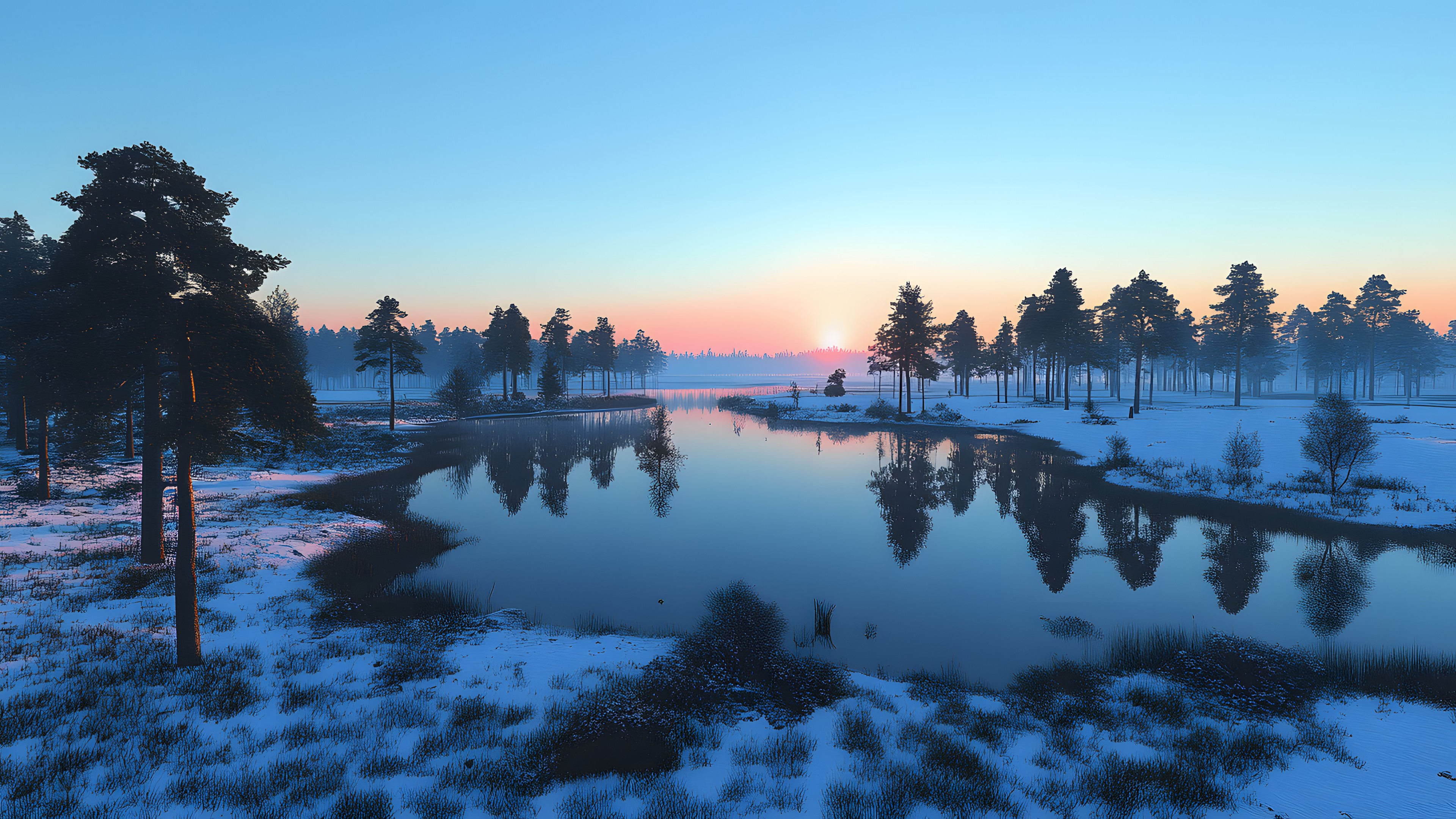 Sky, Nature, Natural landscape, Reflection, Dusk, Winter, Evening, Sunset, Sunrise, Lake, Afterglow, Morning, Larch, Freezing, Dawn, Red sky at morning, Reservoir, Snow, Loch, Conifers