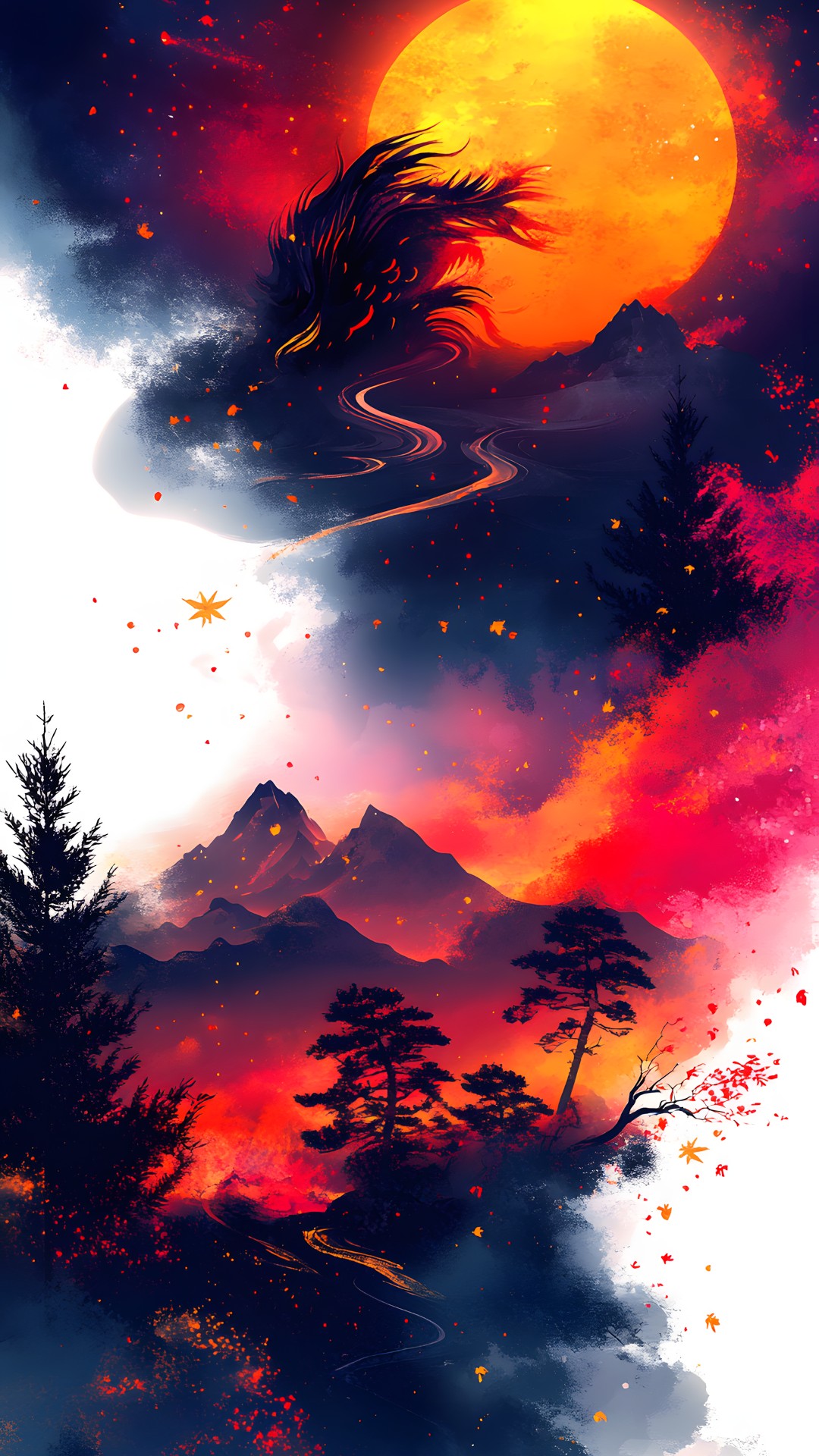 Red, Orange, Afterglow, Red sky at morning, Sunrise, geological phenomenon, Astronomical object, Sunset, Dusk, Evening, CG artwork, Meteorological phenomenon, Graphics, Graphic design, Night, Fictional character, Dragon, Star