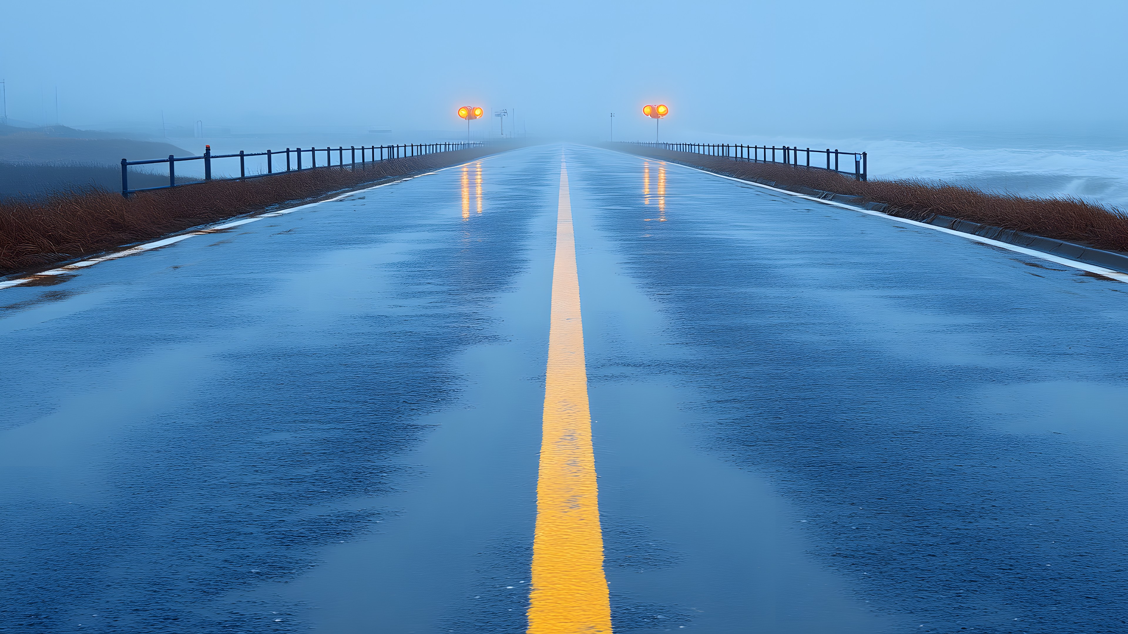 Water, Sky, Infrastructure, Road surface, Body of water, Asphalt, Thoroughfare, Line, Morning, Parallel, Horizon, Symmetry, Bridge, Road, Electric blue, Public utility, Freezing, Walkway, Street light, Landscape