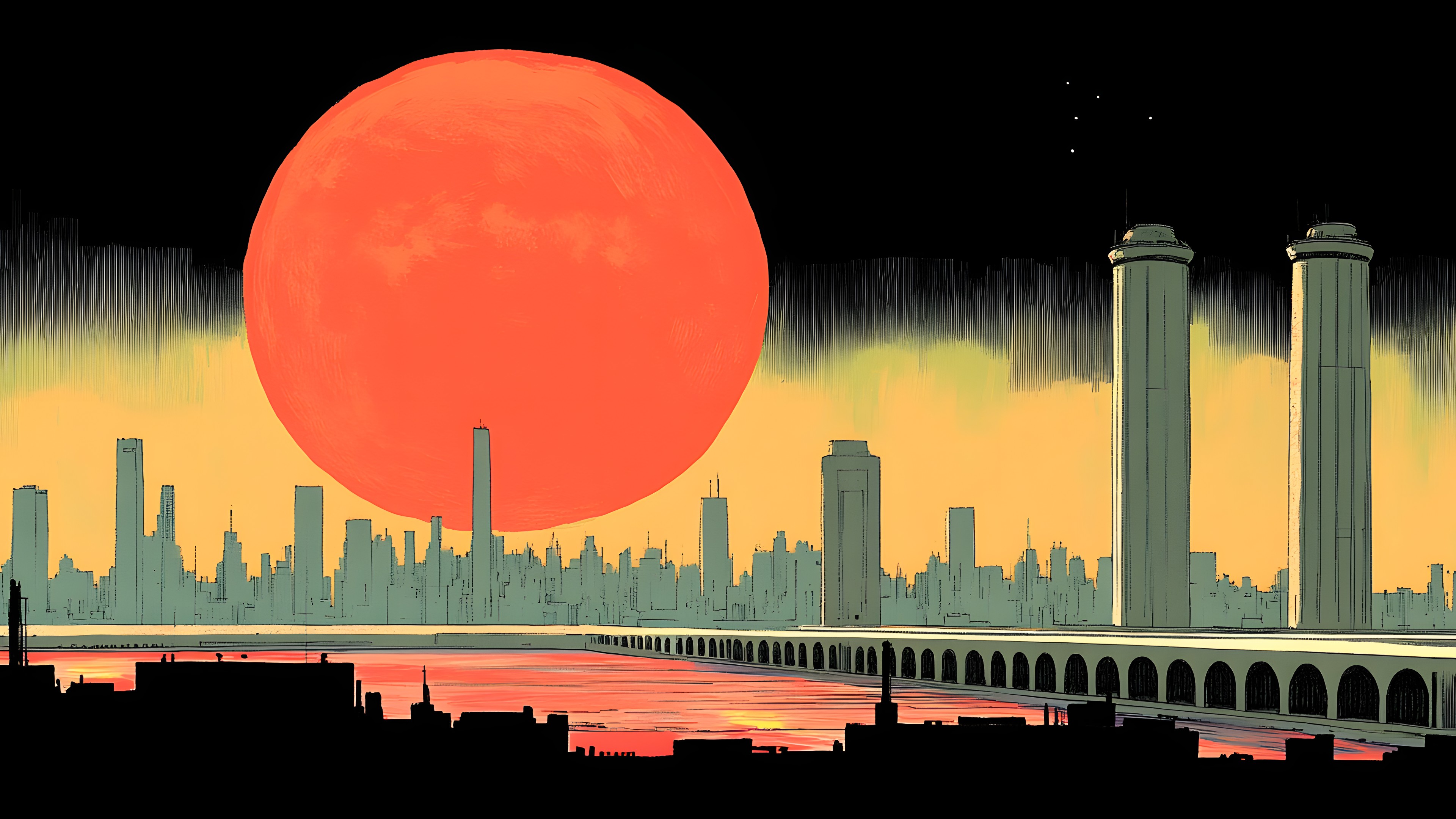 Tower, Metropolis, Dusk, Red sky at morning, High-rise building, Skyline, Cityscape, Skyscraper, Astronomical object, Sunset, Sunrise, Evening, Afterglow, Celestial event, Moon, Dawn