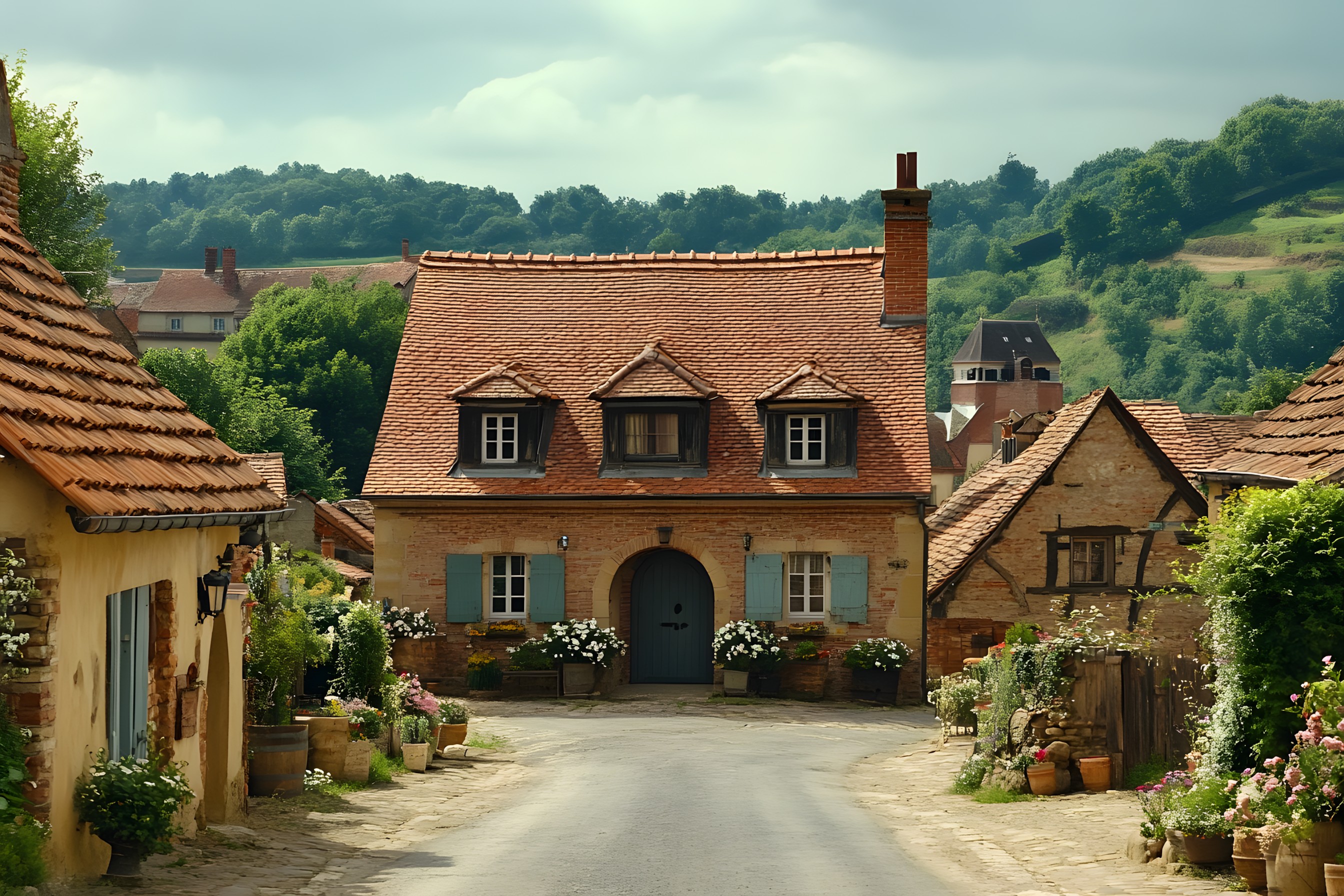 House, Architecture, Home, Door, Cottage, Human settlement, Rural area, Village, Driveway, Flowerpot, Cobblestone, Landscaping, Houseplant, Flagstone, Geraniums, Inn