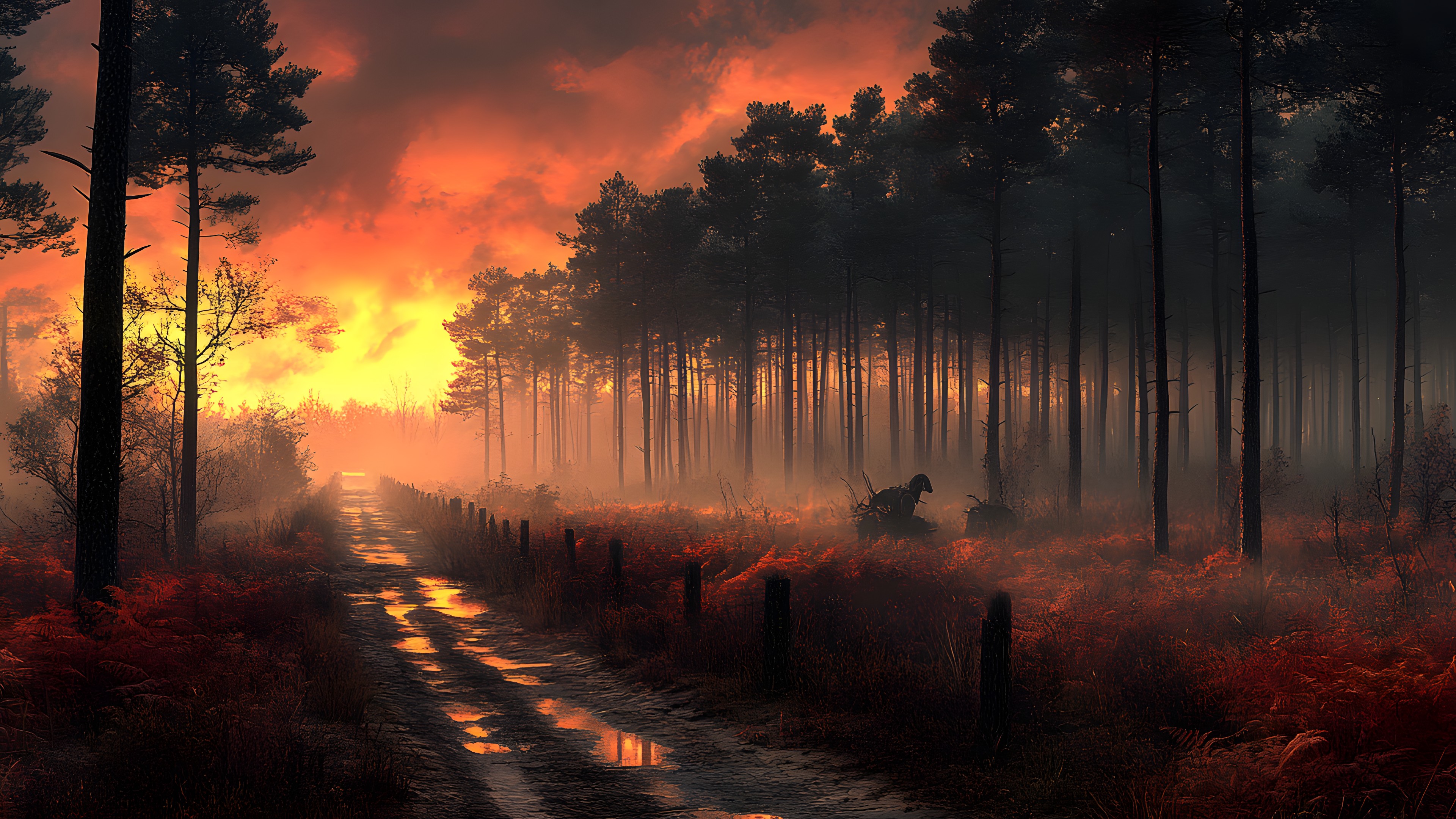 Nature, atmospheric phenomenon, Natural landscape, Orange, Forest, Sunrise, Evening, Wildfire, Heat, Mist, Woodland, Autumn, Fog, Northern hardwood forest, Old-growth forest, Sunset, Dusk, Dawn, Haze, Jungle