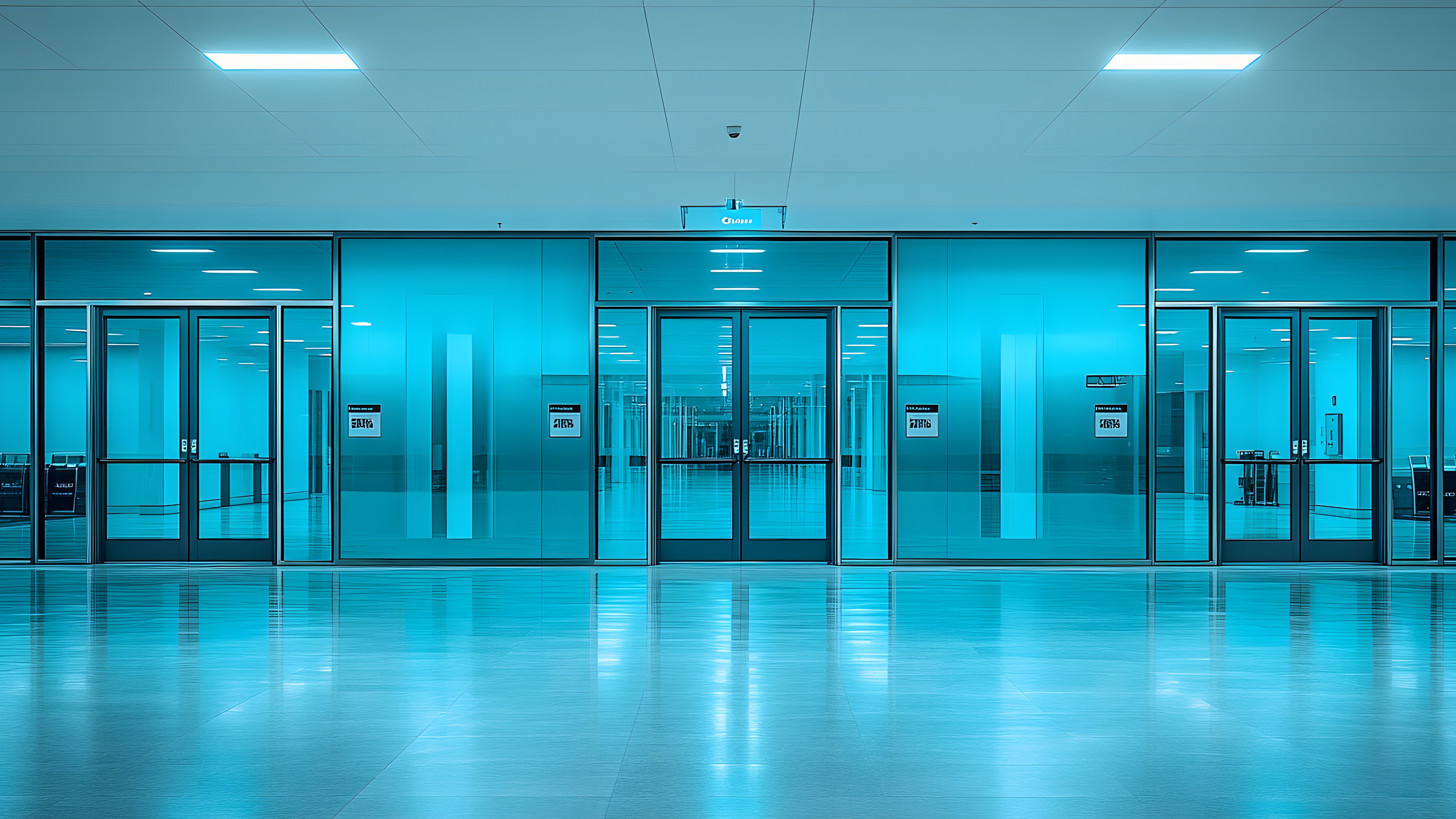 Blue, Flooring, Floor, Composite material, Glass, Silver, Symmetry, Cleanliness, Aluminium