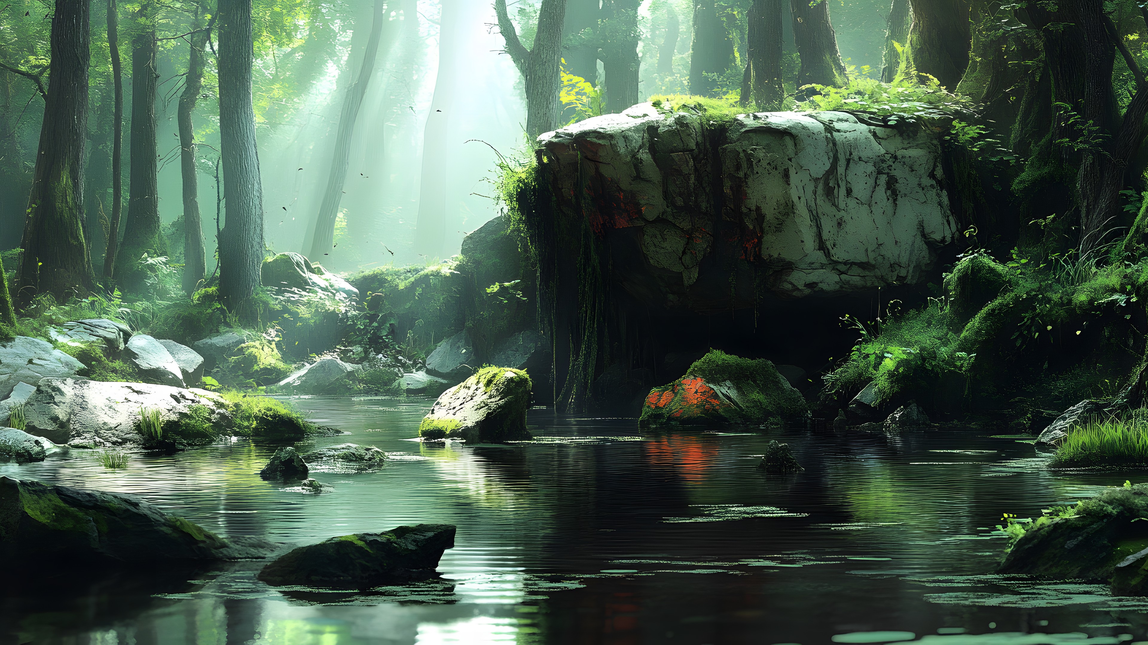 Nature, Natural environment, Natural landscape, Forest, Stream, atmospheric phenomenon, Vegetation, Wilderness, Watercourse, Jungle, Rock, Mountain river, Bank, Rainforest, Fluvial landforms of streams, Woodland, Old-growth forest, Riparian forest, Northern hardwood forest, Trunk