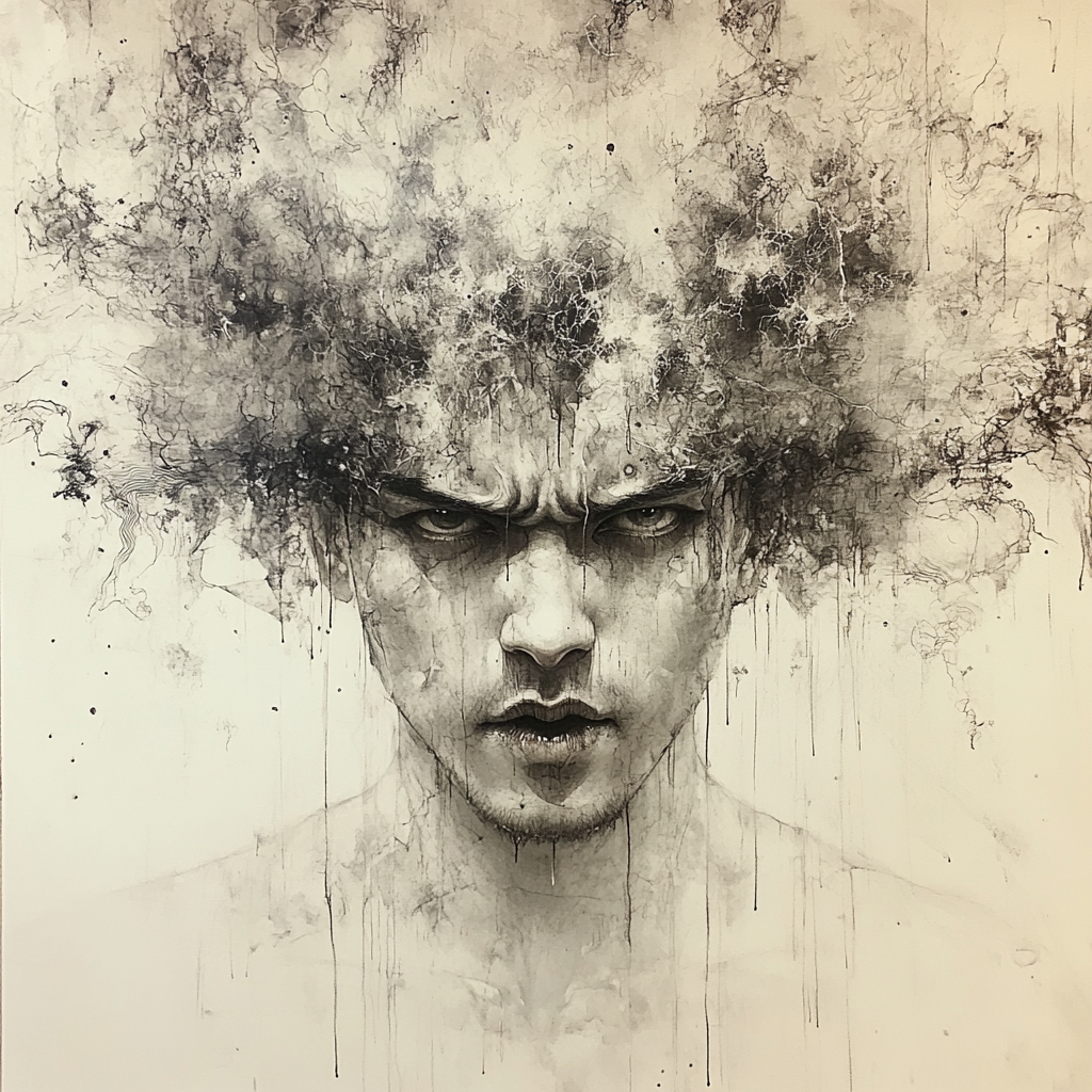 Facial expression, Art, Visual arts, Black and white, Drawing, Painting, Monochrome, Illustration, Portrait, Self-portrait, Modern art, Smoke, Sketch, Afro, Graphics, No expression