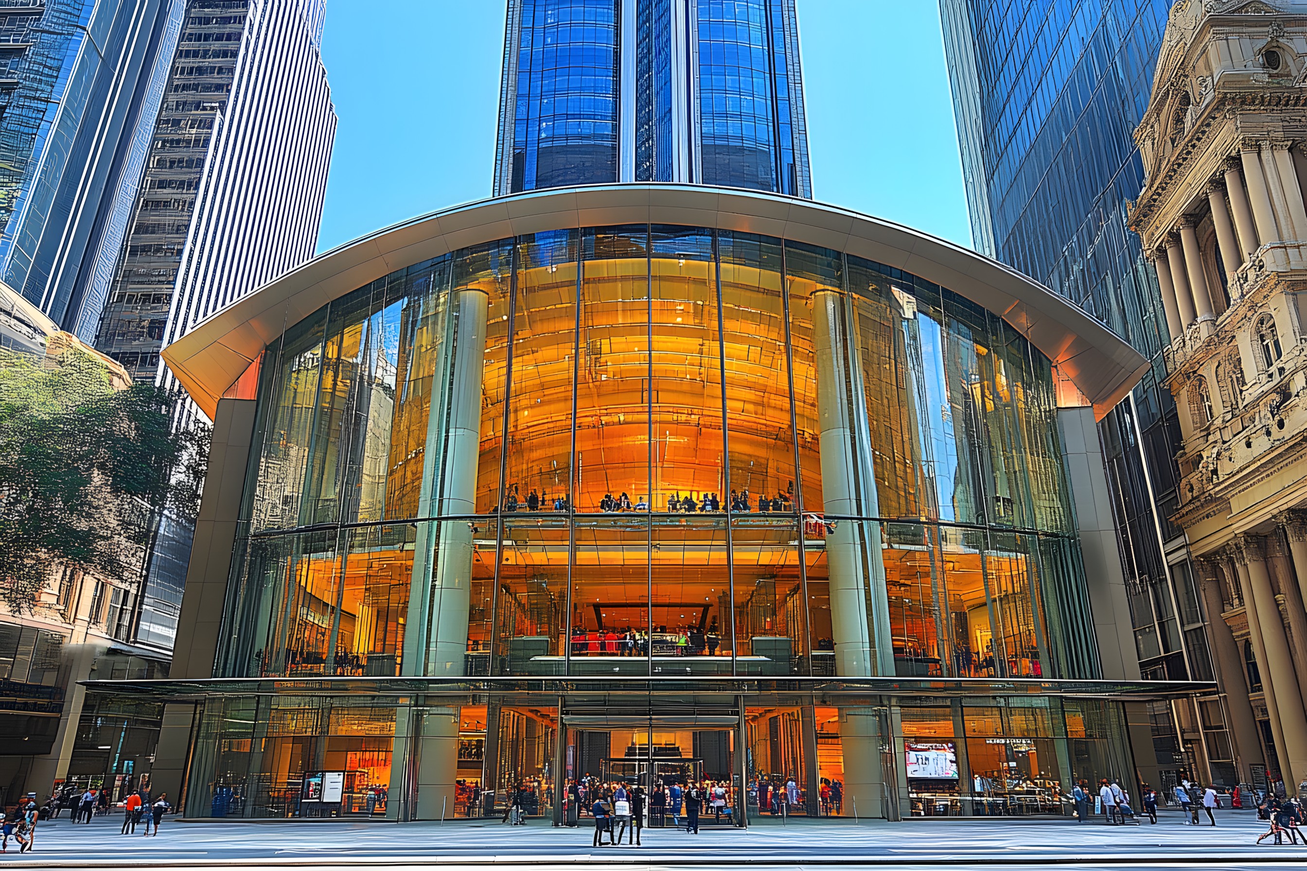 Commercial building, Metropolitan area, Metropolis, Glass, High-rise building, Headquarters, Mixed-use, Metal, Skyscraper, Reflection, Corporate headquarters, Night, Shopping mall, Cityscape, Hotel, Lobby