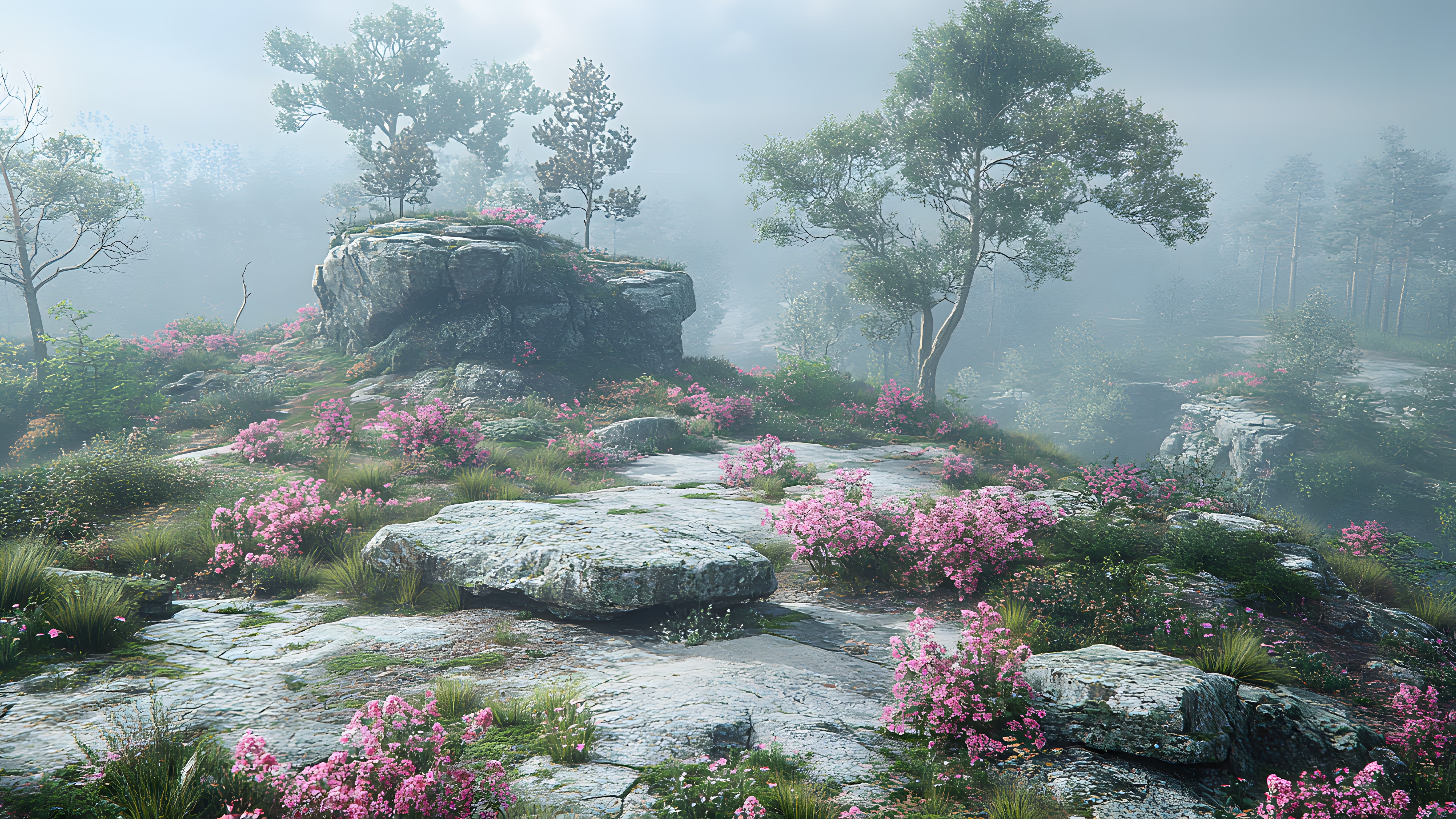 Flower, Plants, Vegetation, Shrub, atmospheric phenomenon, Mist, Plant community, Wilderness, Groundcover, Fog, Haze, Hill station, Wildflower, Boulder, Outcrop, Conifers, Rhododendron, Tropical and subtropical coniferous forests, Valdivian temperate rain forest, Chaparral