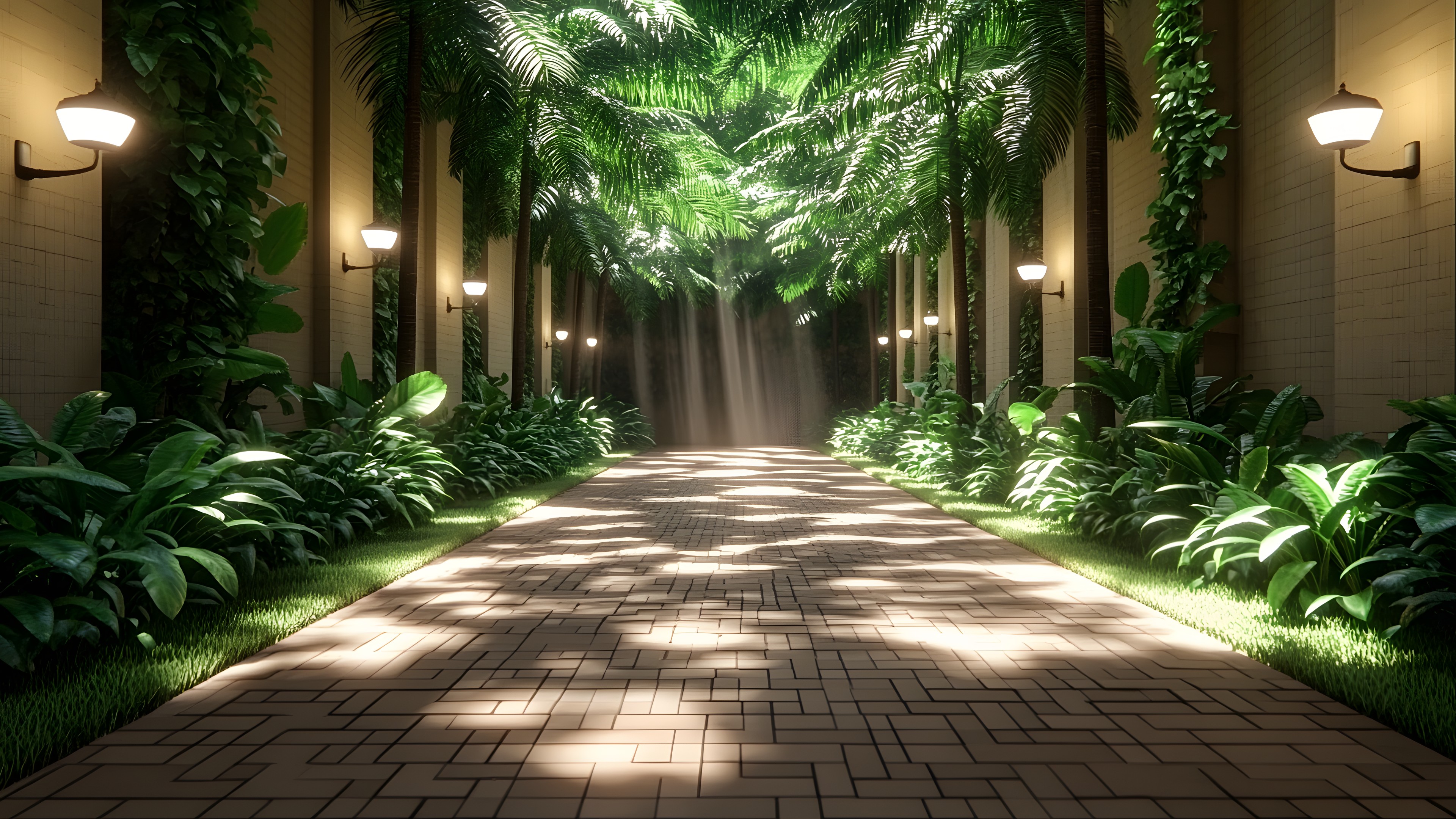 Flooring, Floor, Ceiling, Landscaping, Walkway, Shade, Landscape lighting, Palm trees, Houseplant, Courtyard, Eco hotel, Lobby