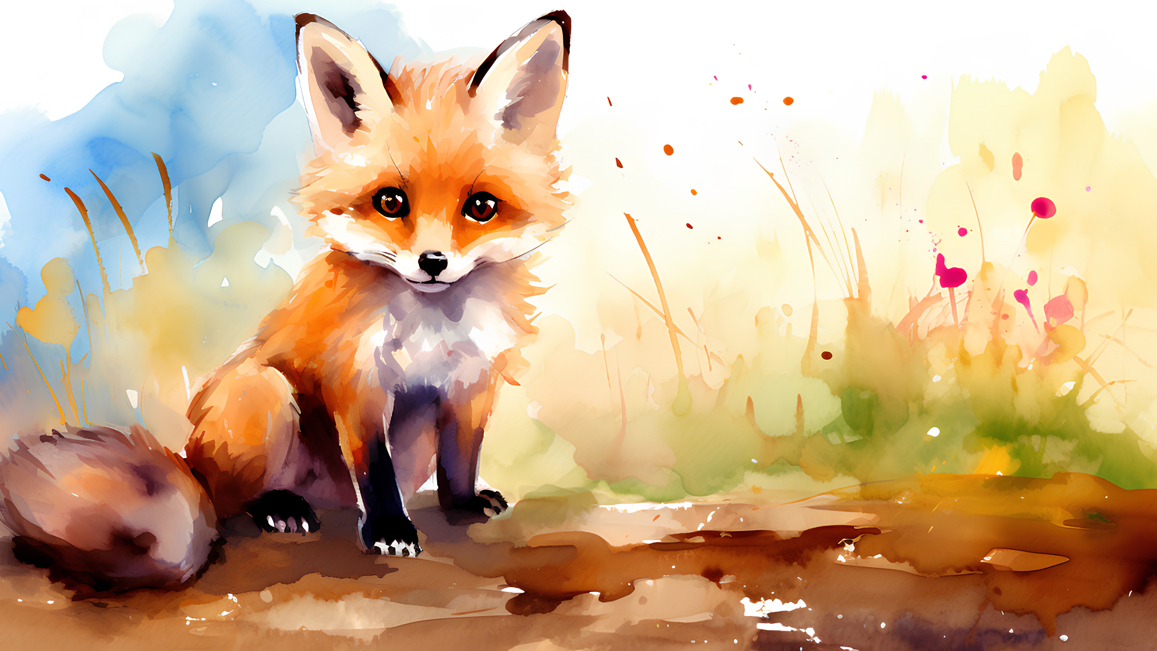 Organism, Carnivore, Art, Fawn, Painting, Fox, Whiskers, Natural landscape, Red fox, Terrestrial animal, Illustration, Tail, Liquid, Paint, Petal, Fur, Wildlife, Graphics, Creative arts, Peach