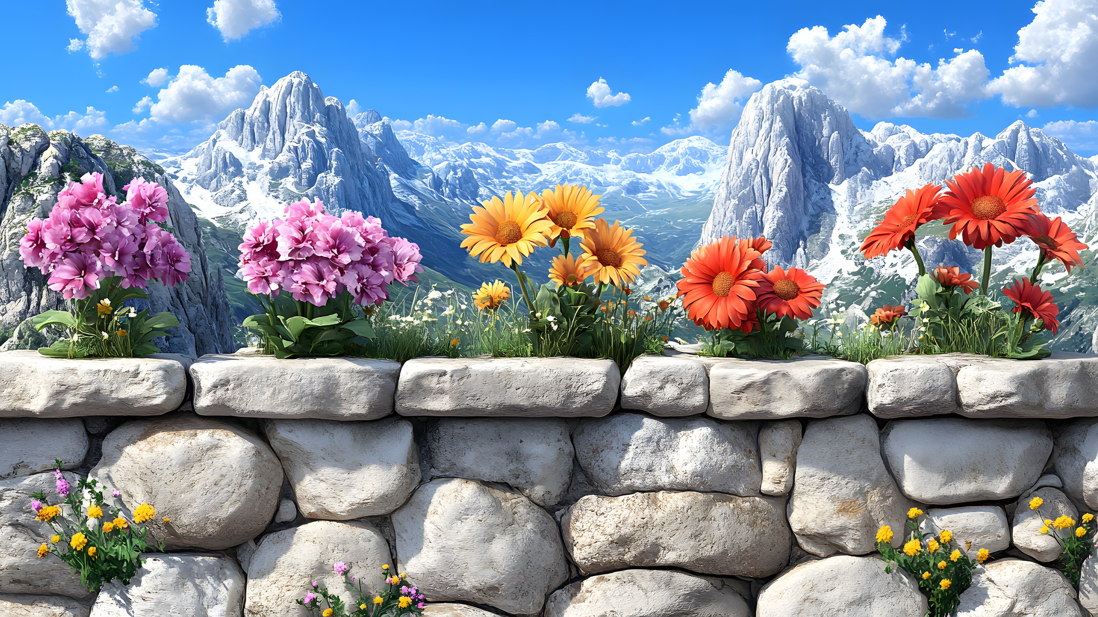 Flower, Plants, Petal, Garden, Flowering plant, Spring, Wildflower, Herbaceous plant, Floristry, Valley, Landscaping, Stone wall, Botanical garden, Alps, Perennial plant, Tulip, Floral design, Flower Arranging, Geraniums