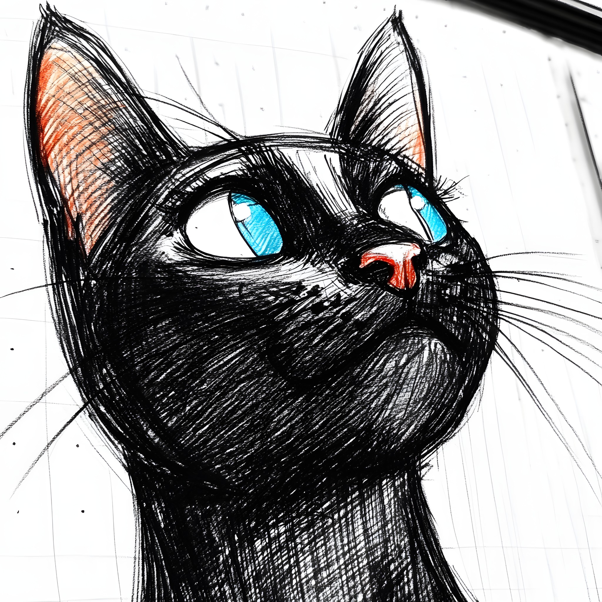 Cat, Felinae, Facial expression, Felidae, Black, Drawing, Snout, Whiskers, Black and white, Illustration, Black cat, Paint, Sketch, Child art, Line art, Graphics, Art Paint