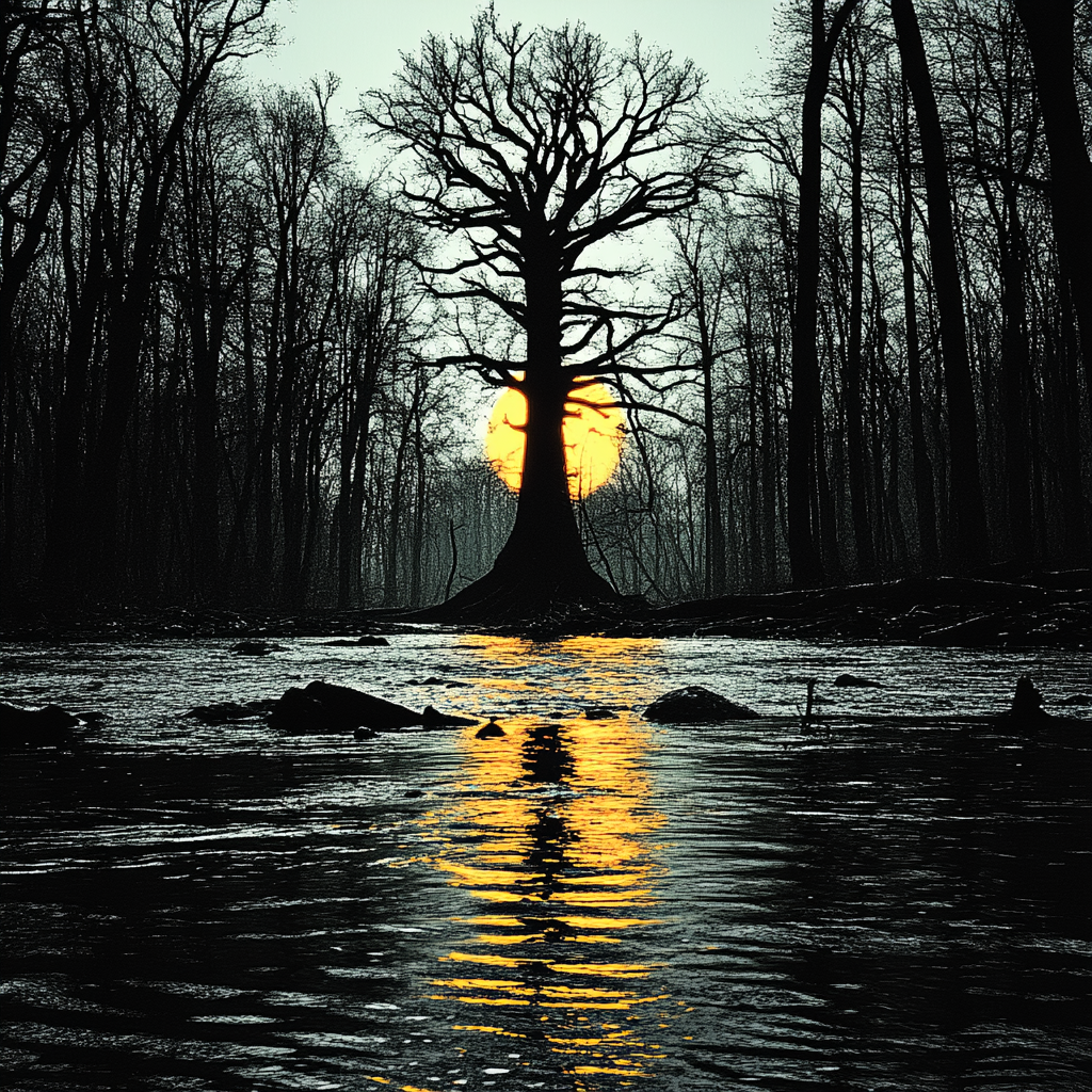 Reflection, Trunk, Forest, Dusk, Evening, Bayou, Loch, Night, Swamp, Wetland, Lake District, Backlighting, Shadow