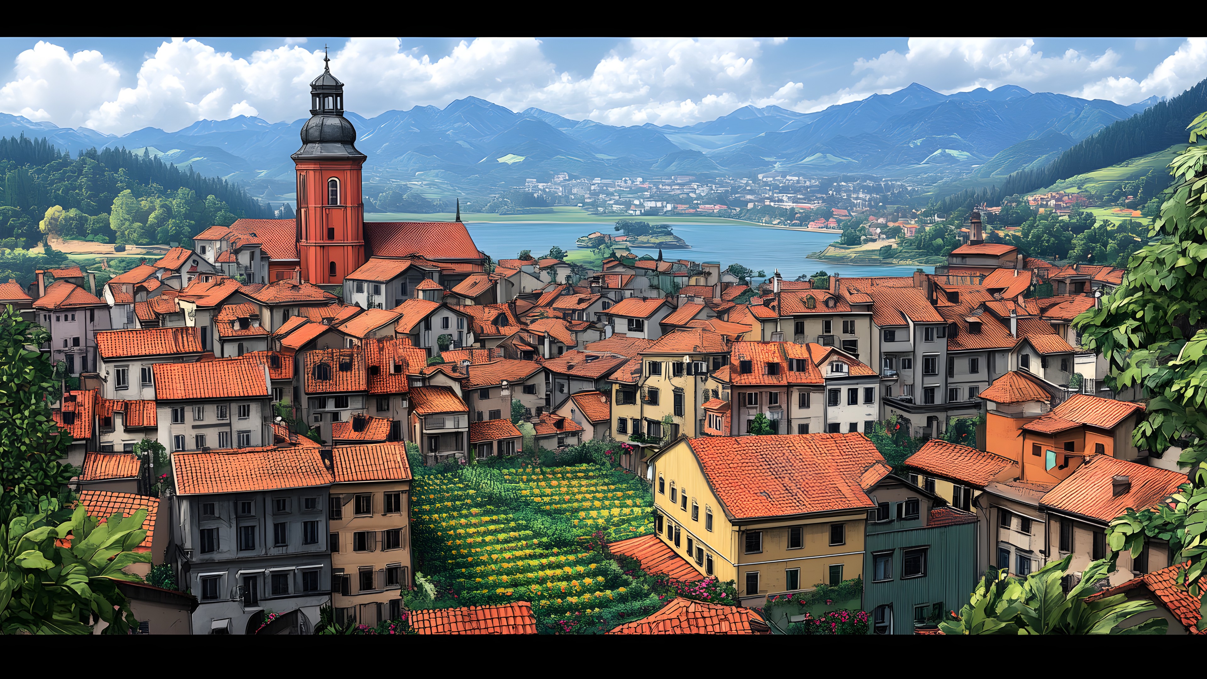 House, Town, Hill, Landscape, Residential area, Roof, Village, Mountain range, Human settlement, Tourist attraction, Hill station, Bird's-eye view, Suburb, Alps, Mountain Village, Valley, Resort town, Ridge, Lake District, Panorama