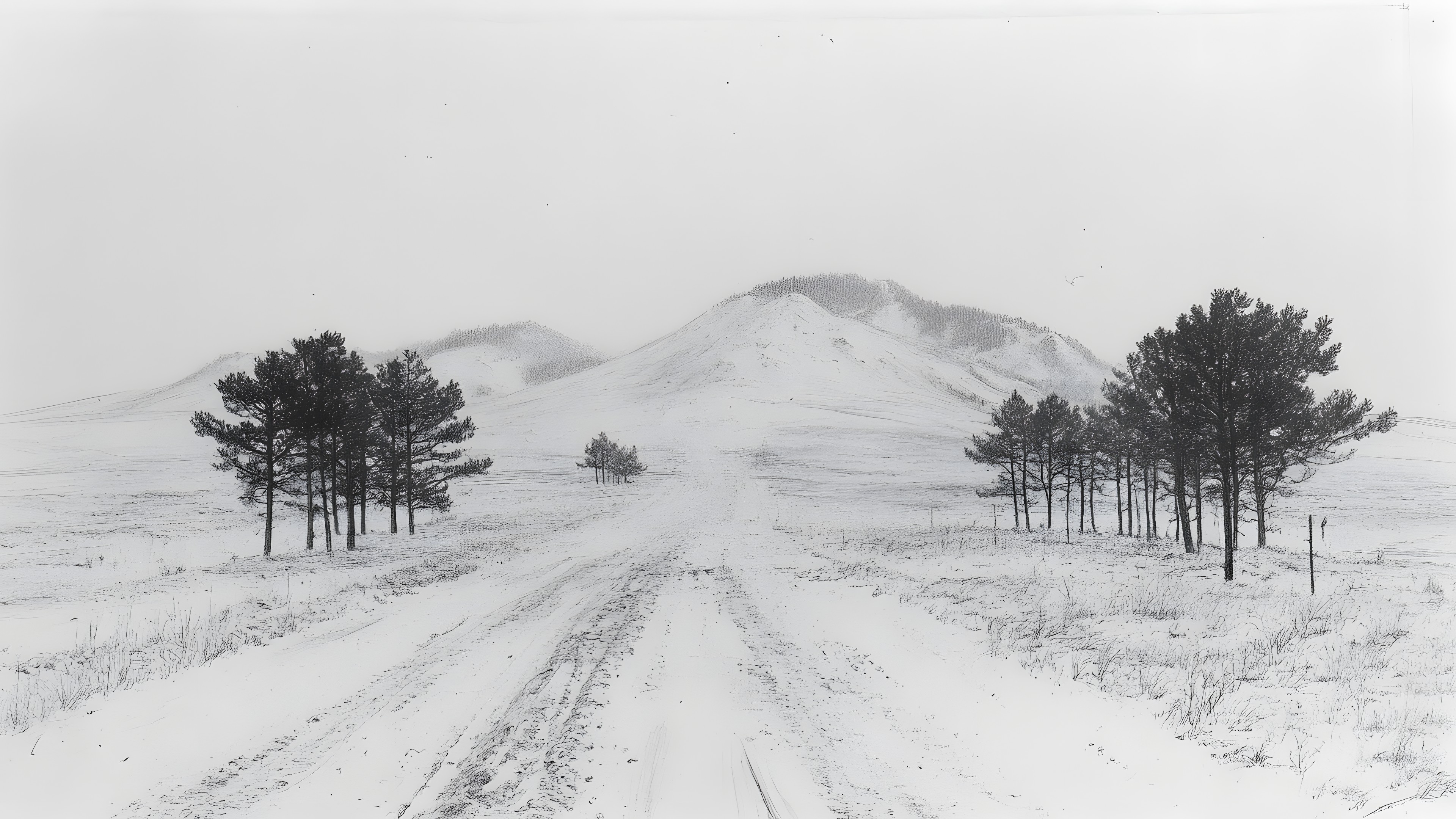 White, Hill, Winter, Snow, Monochrome photography, Drawing, Black and white, Slope, Monochrome, Glacial landform, Freezing, Dirt road, Precipitation, Conifers, Mound, Sketch, Winter storm, Tundra, Trail, Massif