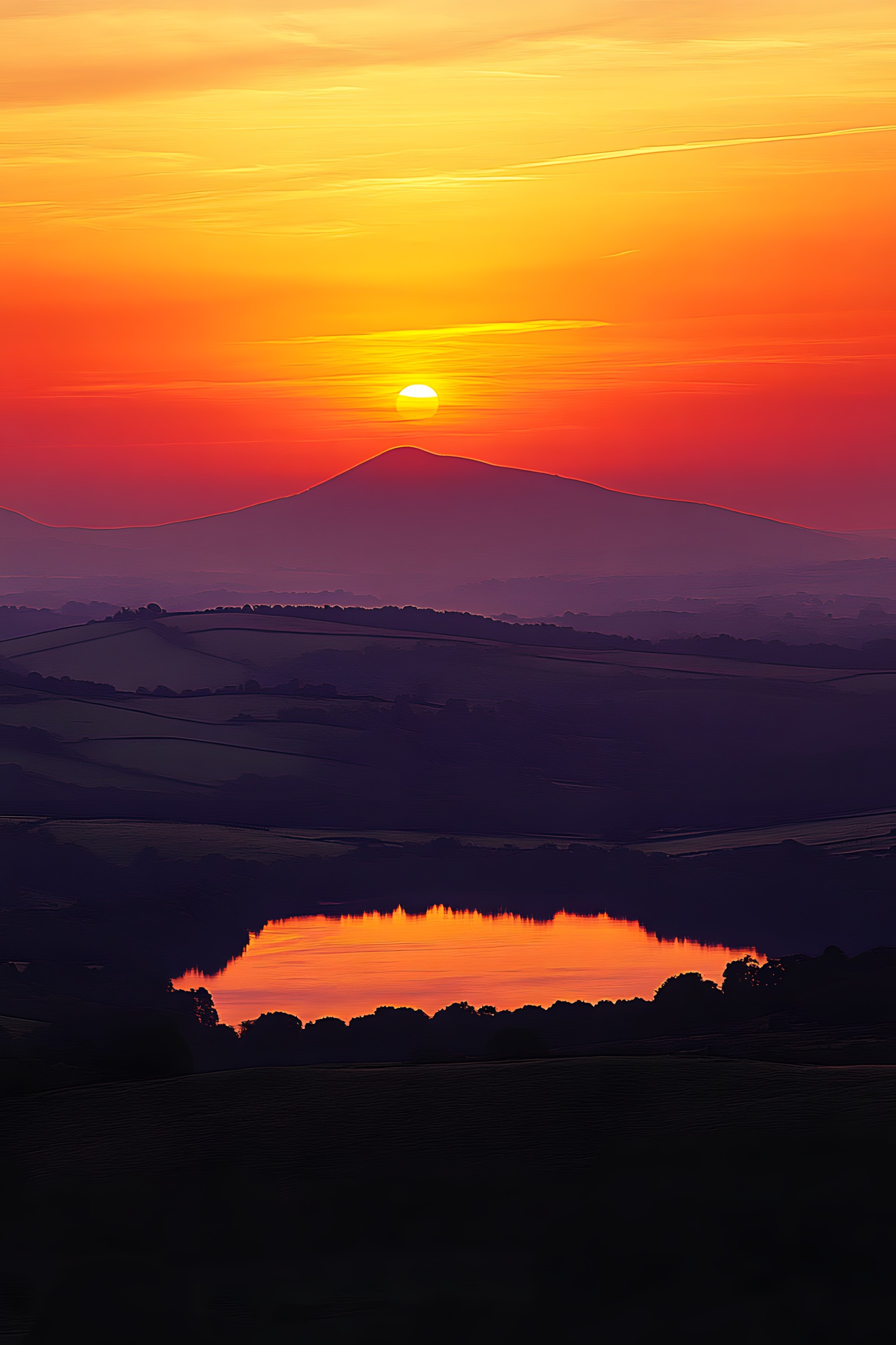 Afterglow, Orange, Horizon, Sunset, Dusk, Yellow, Sunrise, Natural landscape, atmospheric phenomenon, Red sky at morning, Ecoregion, Evening, Hill, Cloud, geological phenomenon, Sunlight, Sun, Morning, Reflection, Dawn