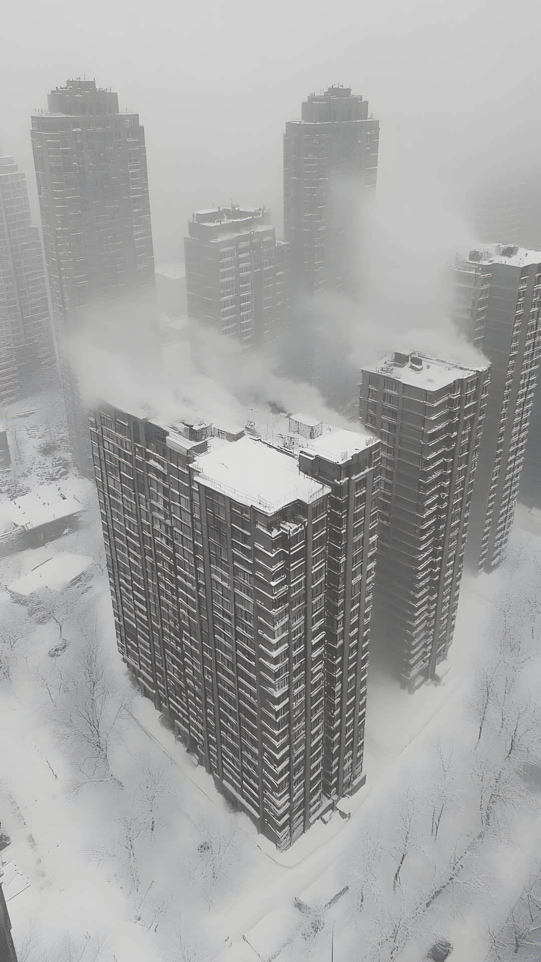 Skyscraper, High-rise building, atmospheric phenomenon, City, Apartment, Condominium, Commercial building, Tower, Metropolis, Fog, Haze, Cityscape, Mist, Headquarters, Skyline, Winter, Freezing, Winter storm, Corporate headquarters, Snow