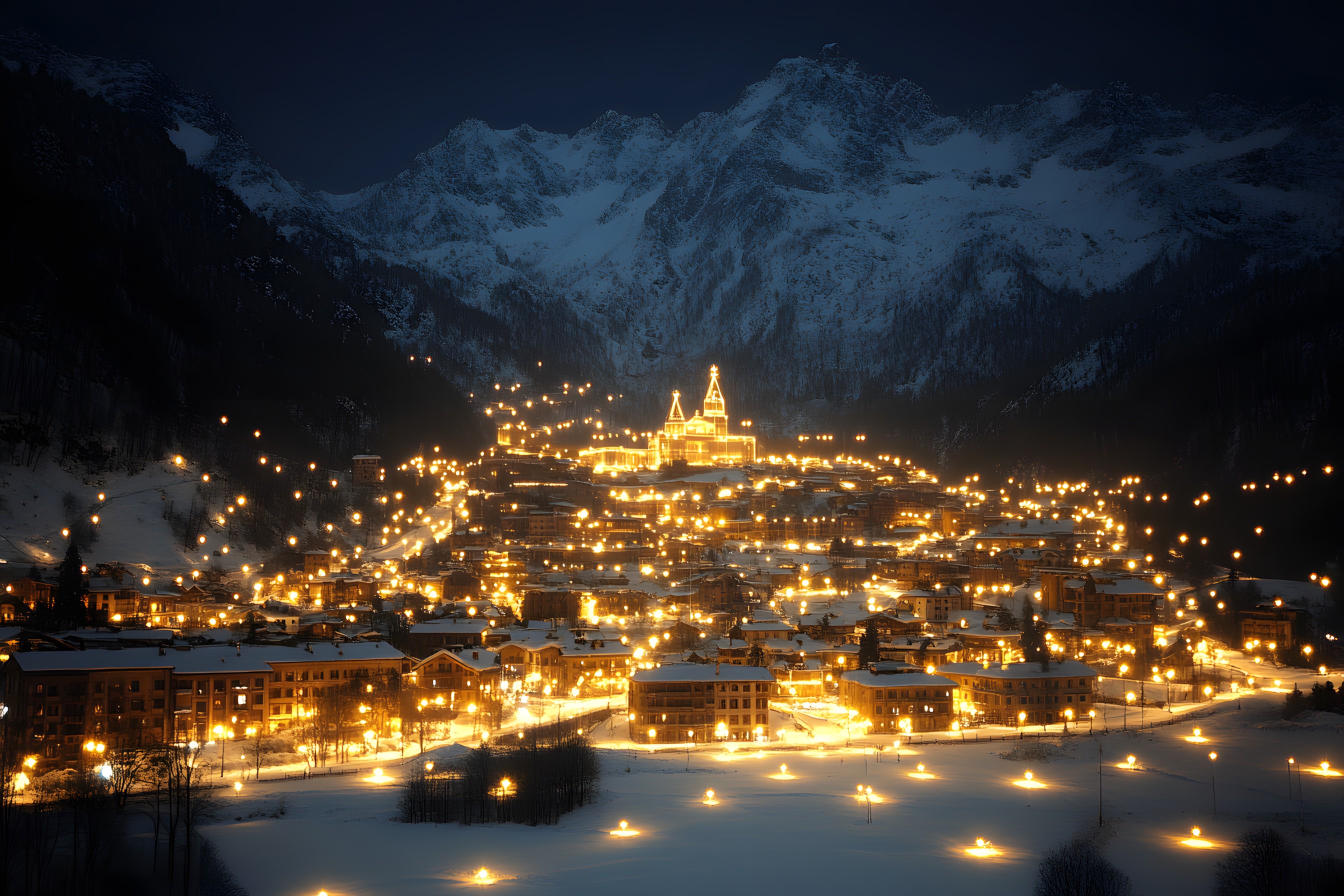 Mountainous landforms, Mountain, Winter, Hill station, Mountain range, Human settlement, Tourist attraction, Village, Alps, Valley, Glacial landform, Snow, Mountain Village, Freezing, Summit, Night, Evening, Ridge, Ski resort, Arête