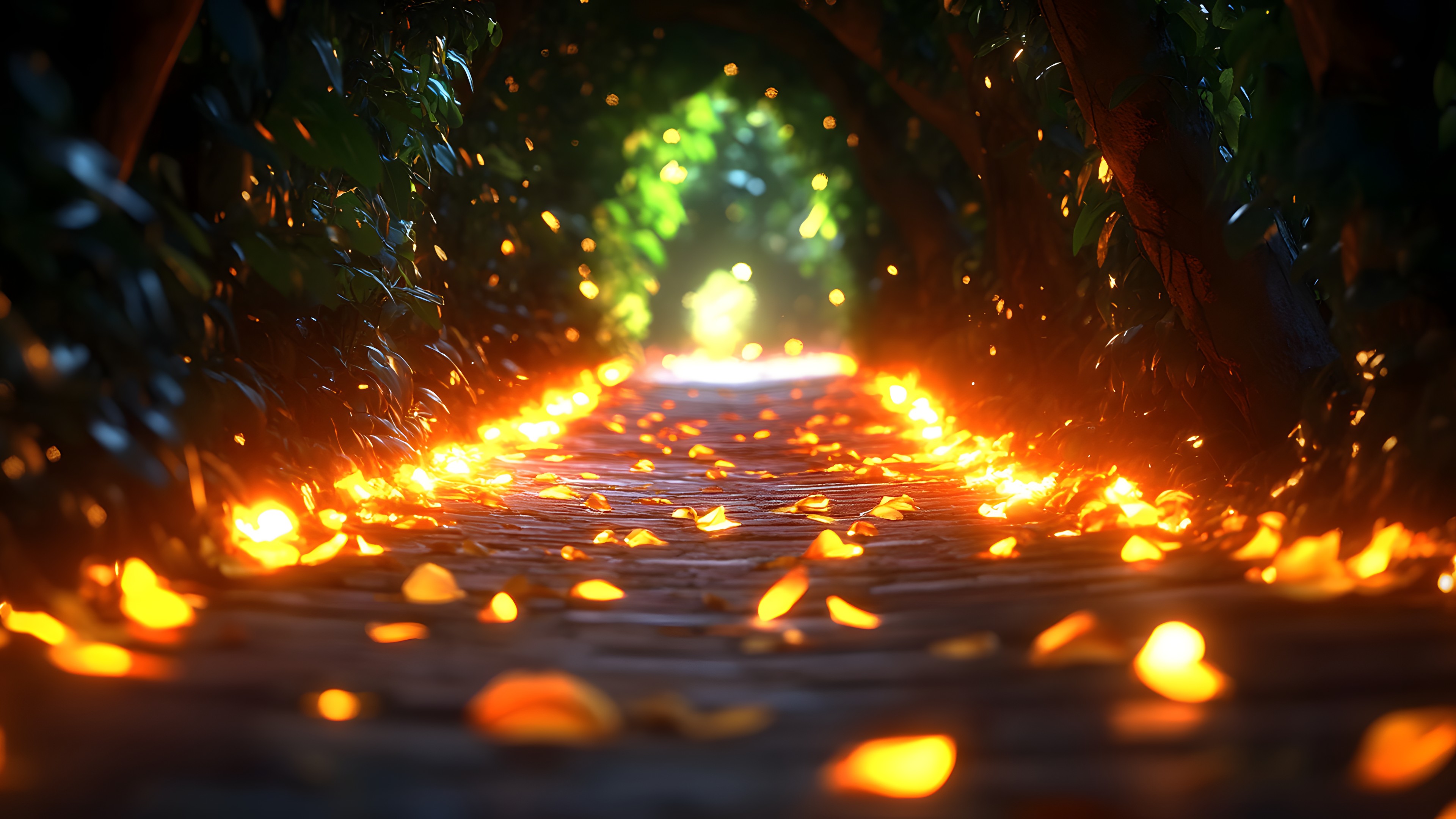 Yellow, Orange, Lighting, Night, Heat, Sunlight, Lens flare, Evening, Old-growth forest, Sunrise, Landscape lighting, Trail