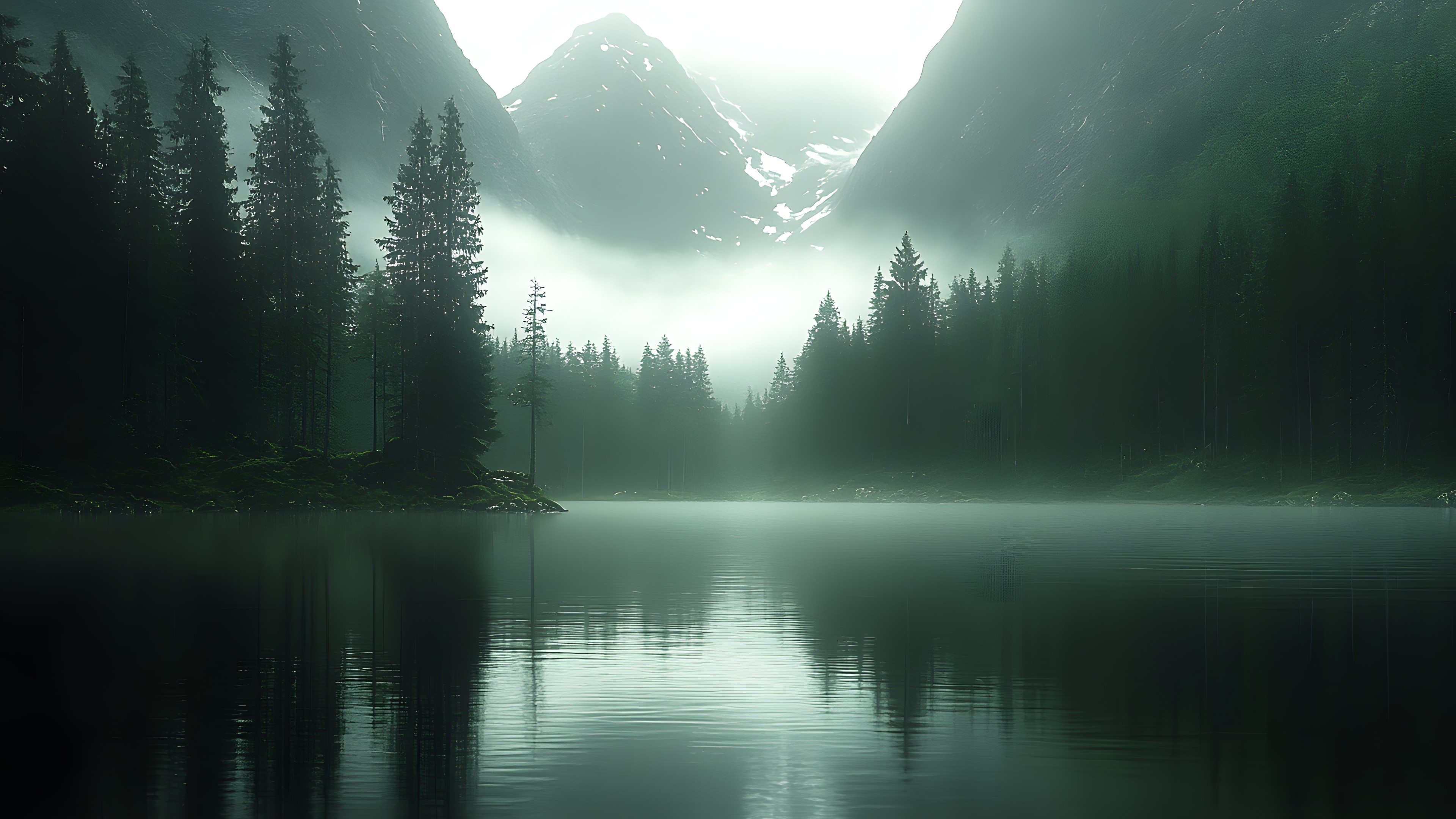 Nature, atmospheric phenomenon, Natural landscape, Wilderness, Mist, Forest, Reflection, Bank, Fog, Lake, Hill station, Spruce-fir forests, River, Mountain river, Haze, Loch, Larch, Jungle, Valley, Reservoir