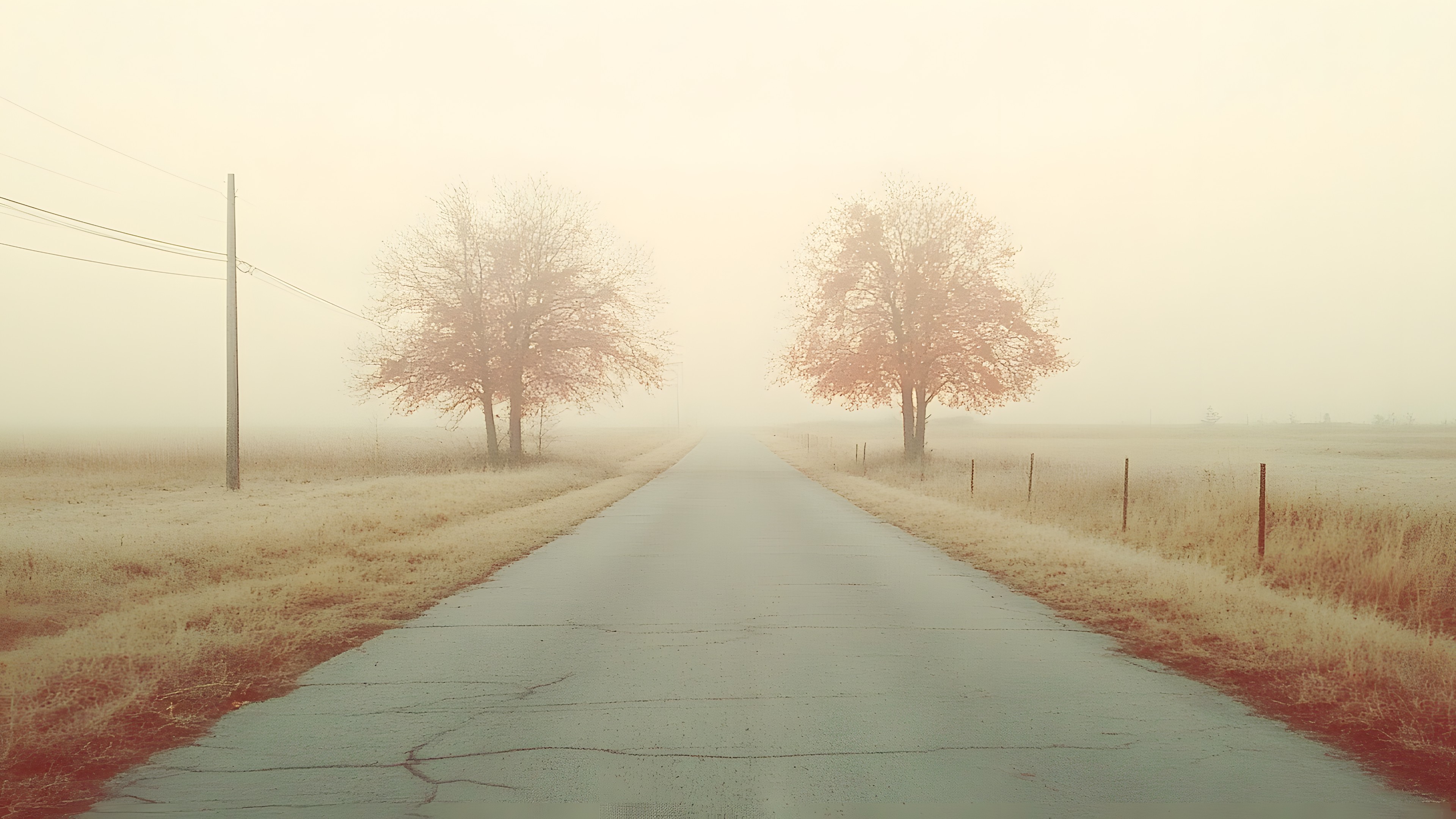 atmospheric phenomenon, Fog, Road, Natural landscape, Mist, Brown, Plain, Haze, Morning, Sunlight, Sunrise, Evening, Field, Wind, Winter, Lens flare, Heat, Path, Savanna