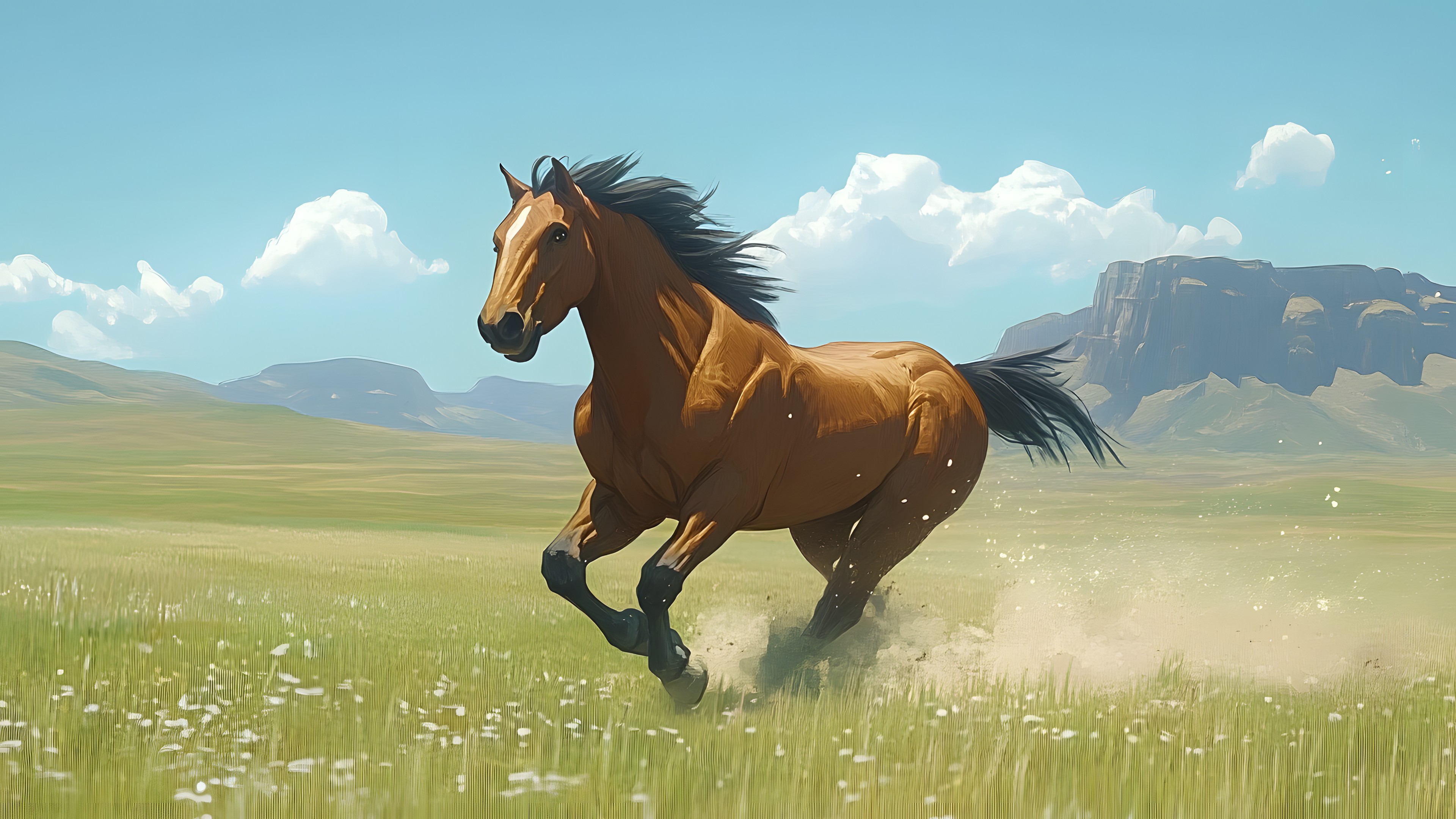 Horse, Grassland, Mustang, Pasture, Steppe, Meadow, Prairie, Wildlife, Sorrel, Mane, Working animal, Stallion, Mare, Livestock, Animation, Savanna, Ranch, Pack animal, Tundra