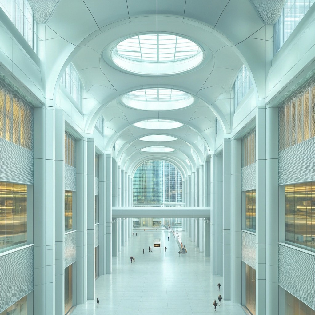 Composite material, Ceiling, Commercial building, Glass, Engineering, Reflection, Headquarters, Symmetry, Daylighting, Design, High-rise building, Transparency, Corporate headquarters, Science