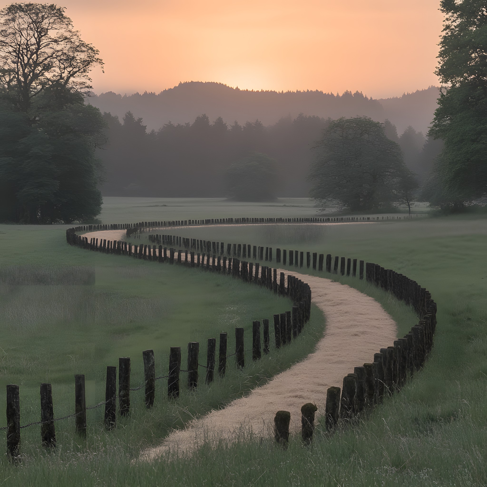 Natural landscape, atmospheric phenomenon, Fence, Landscape, Plain, Morning, Mist, Field, Home Fencing, Pasture, Split-rail fence, Evening, Trail, Walkway, Ranch, Shadow, Farm, Haze, Path, Plantation