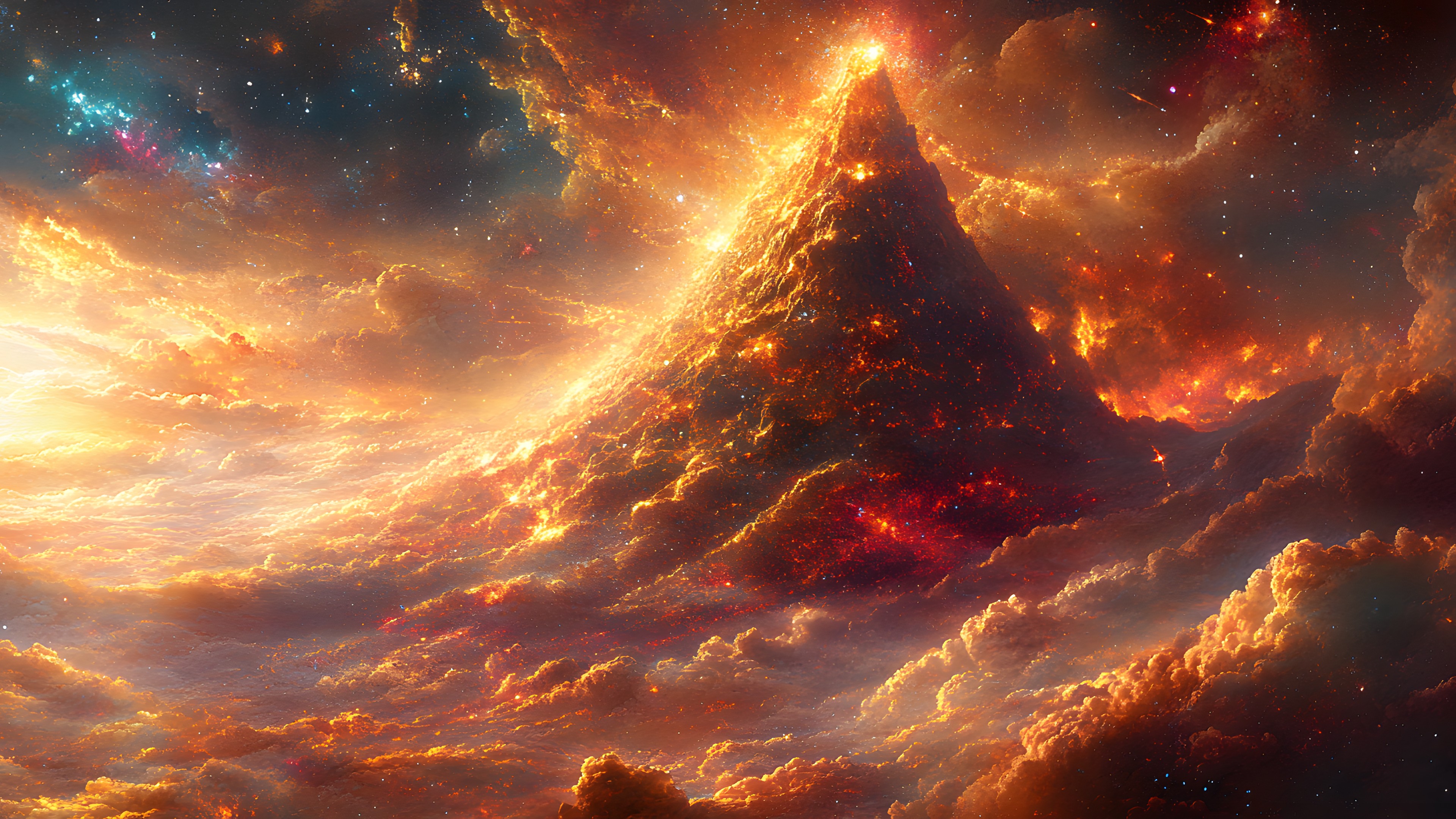 Orange, geological phenomenon, Heat, Volcanic landform, Volcano, Fire, Universe, Astronomical object, Lava, Meteorological phenomenon, Outer space, Types of volcanic eruptions, Graphics, Dawn, Nebula, CG artwork, Explosion, Flame, Night, Fissure vent