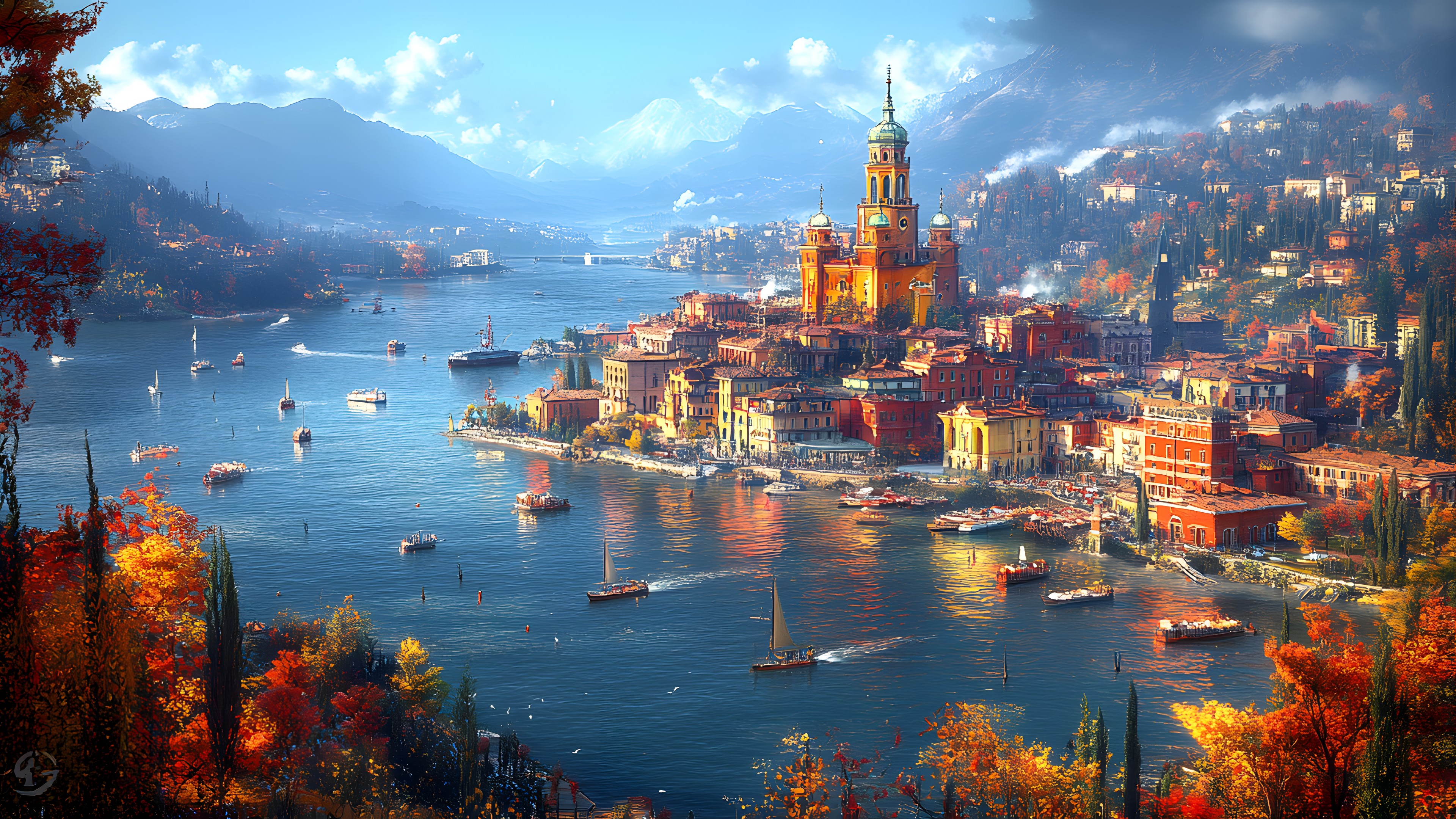Mountainous landforms, Cloud, Boat, Watercraft, Tourist attraction, River, Valley, Lake, Channel, Mountain range, Evening, Boating, Reflection, Boats and boating--Equipment and supplies, Sunrise, Cityscape, Harbor, Loch, Panorama, Resort town