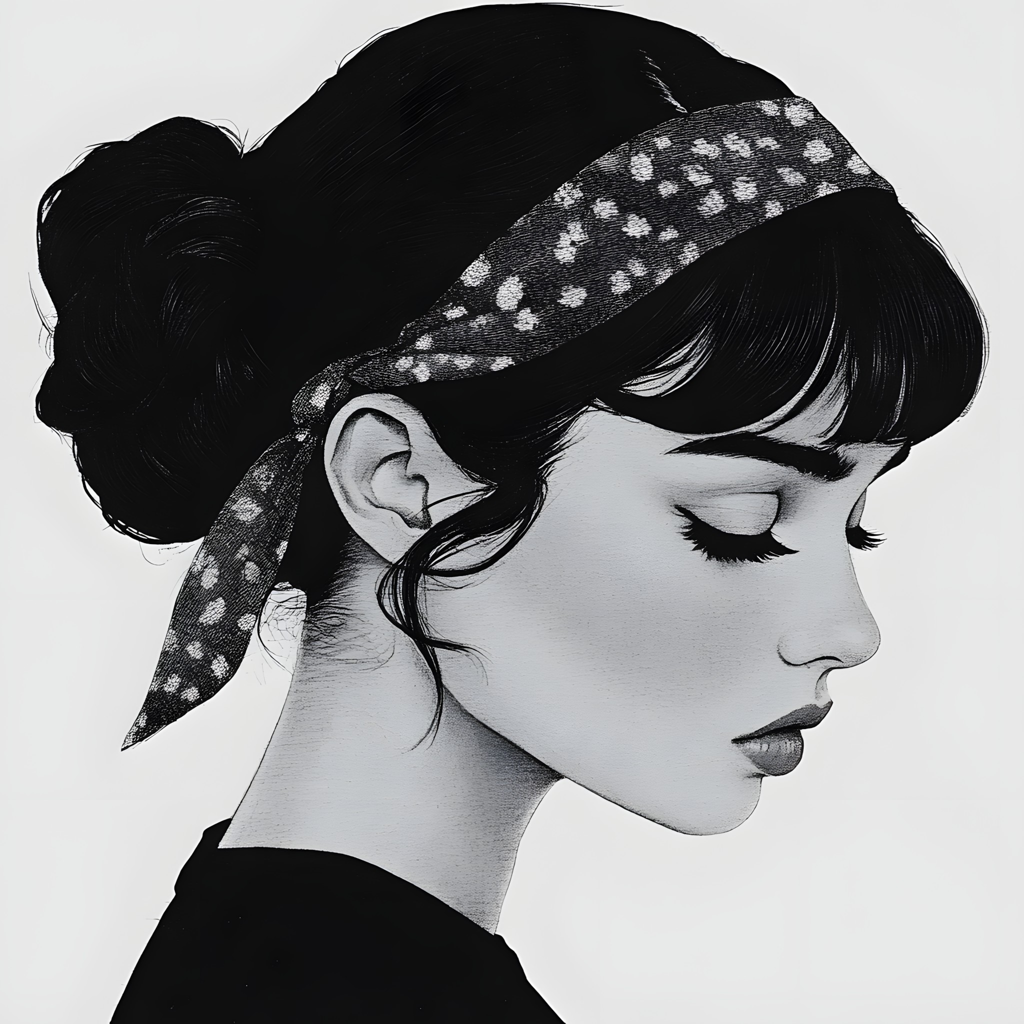 Lips, Eyelash, Monochrome photography, Black and white, Fashion illustration, Bangs, Sketch, Headpiece, Graphics, Line art, Lipstick, No expression