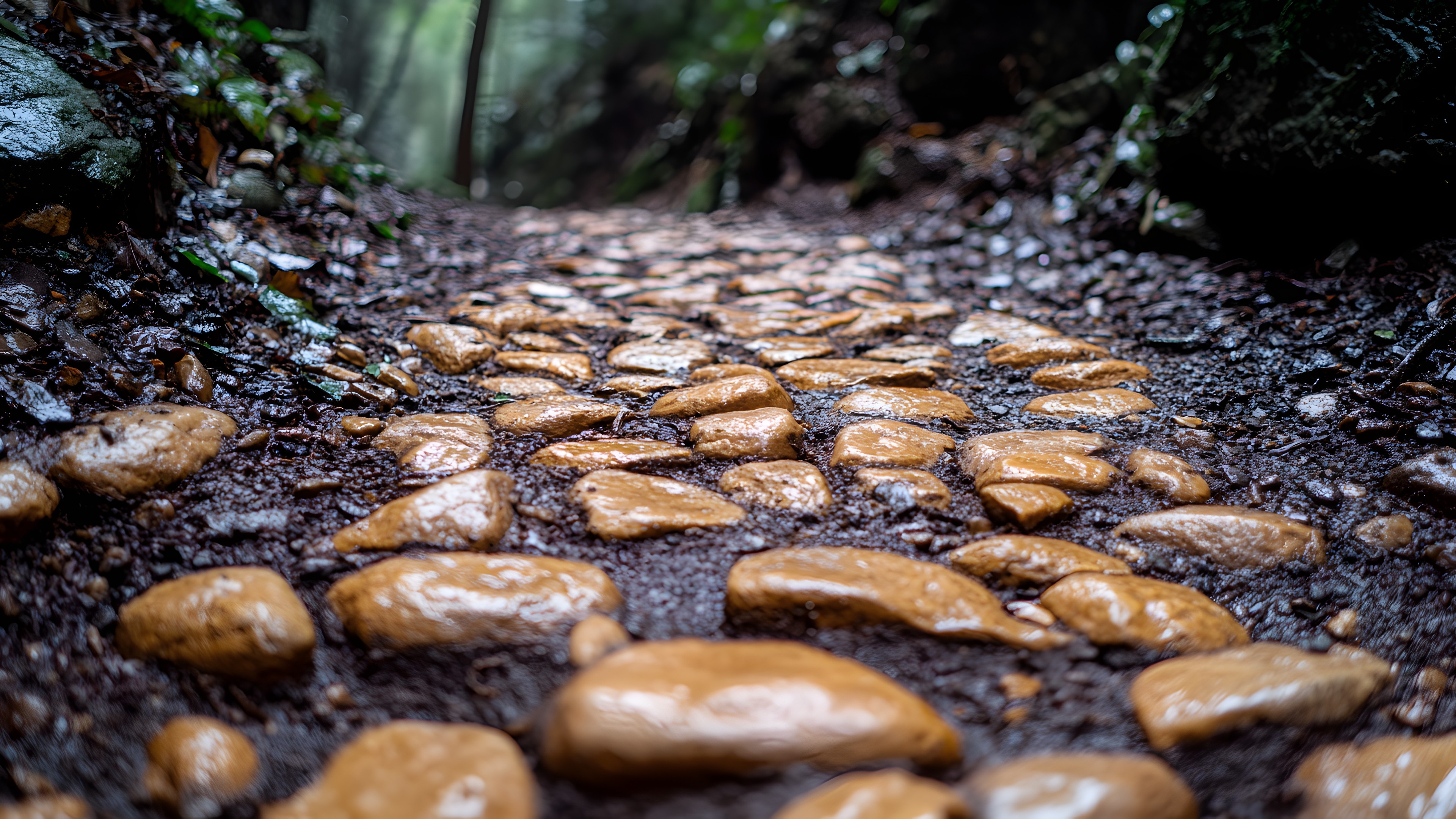 Rock, Pebble, Cobblestone, Stream, Forest, Bedrock, Sunlight, Trail, Rubble, Stream bed, Gravel, Natural material, Woodland, Old-growth forest, Creek, Arroyo, Valdivian temperate rain forest, Bryophyte, Moss, Shadow