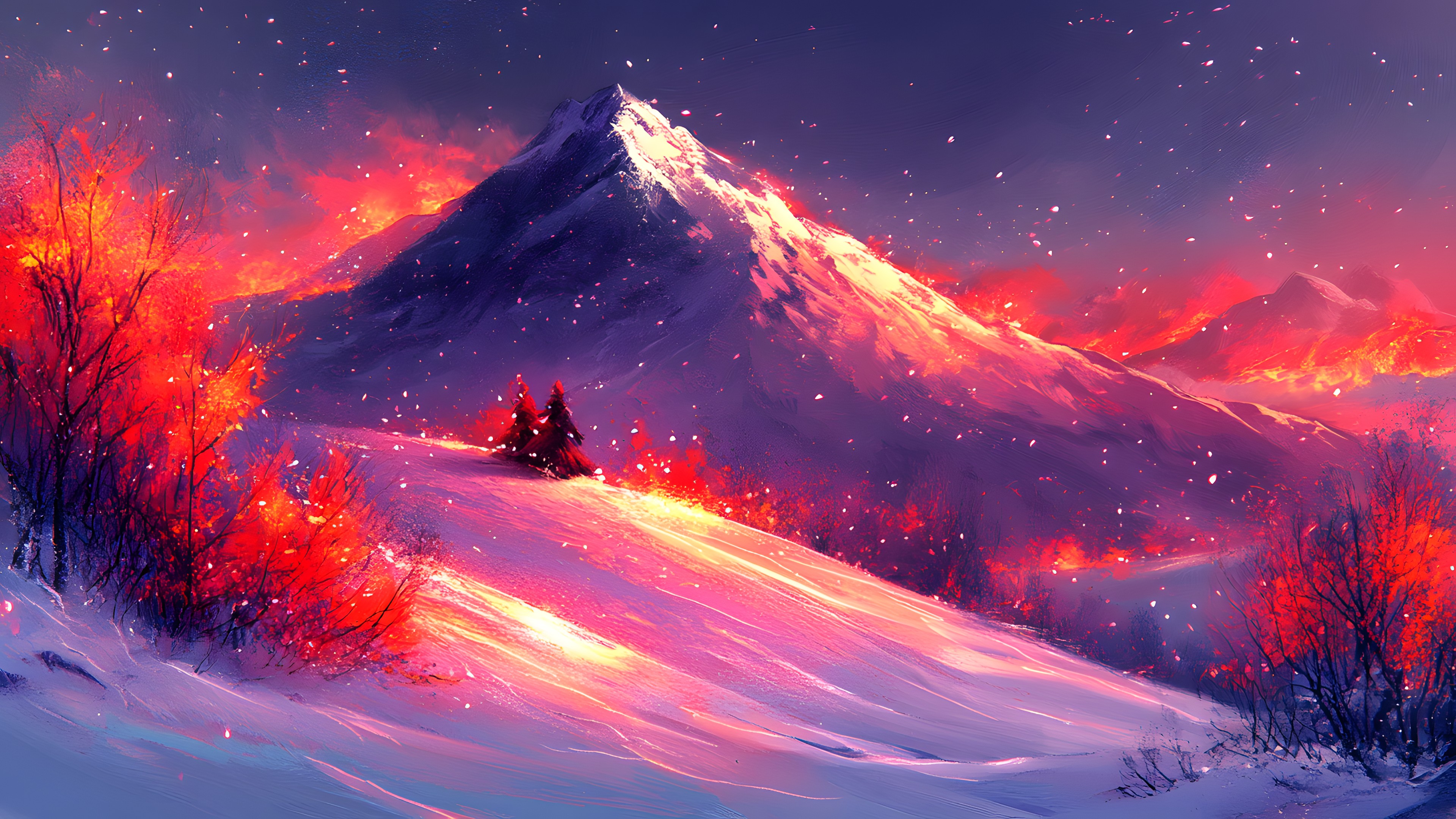 Red, Winter, geological phenomenon, Red sky at morning, Mountain range, Astronomical object, Sunrise, Snow, Frost, Freezing, Meteorological phenomenon, Graphics, Ridge, Precipitation, Alps, Evening, Star, Aurora, Watercolor painting, Afterglow