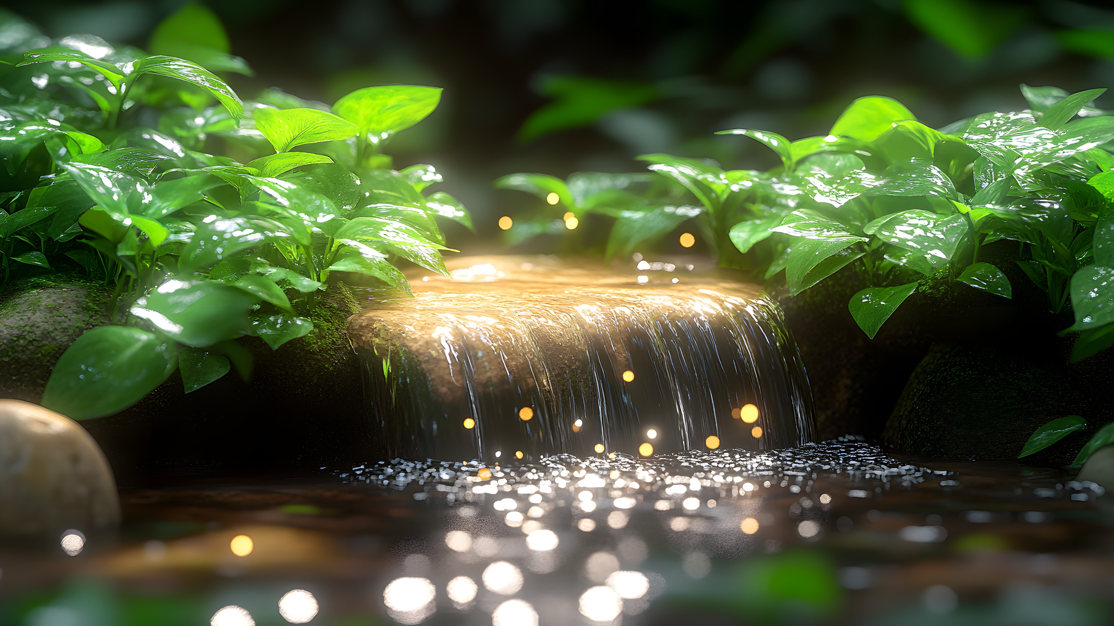 Water, Green, Fluid, Liquid, Water feature, Waterfall, Stream, Aquatic plant, Spring, Bryophyte, Vascular plant, Liverworts