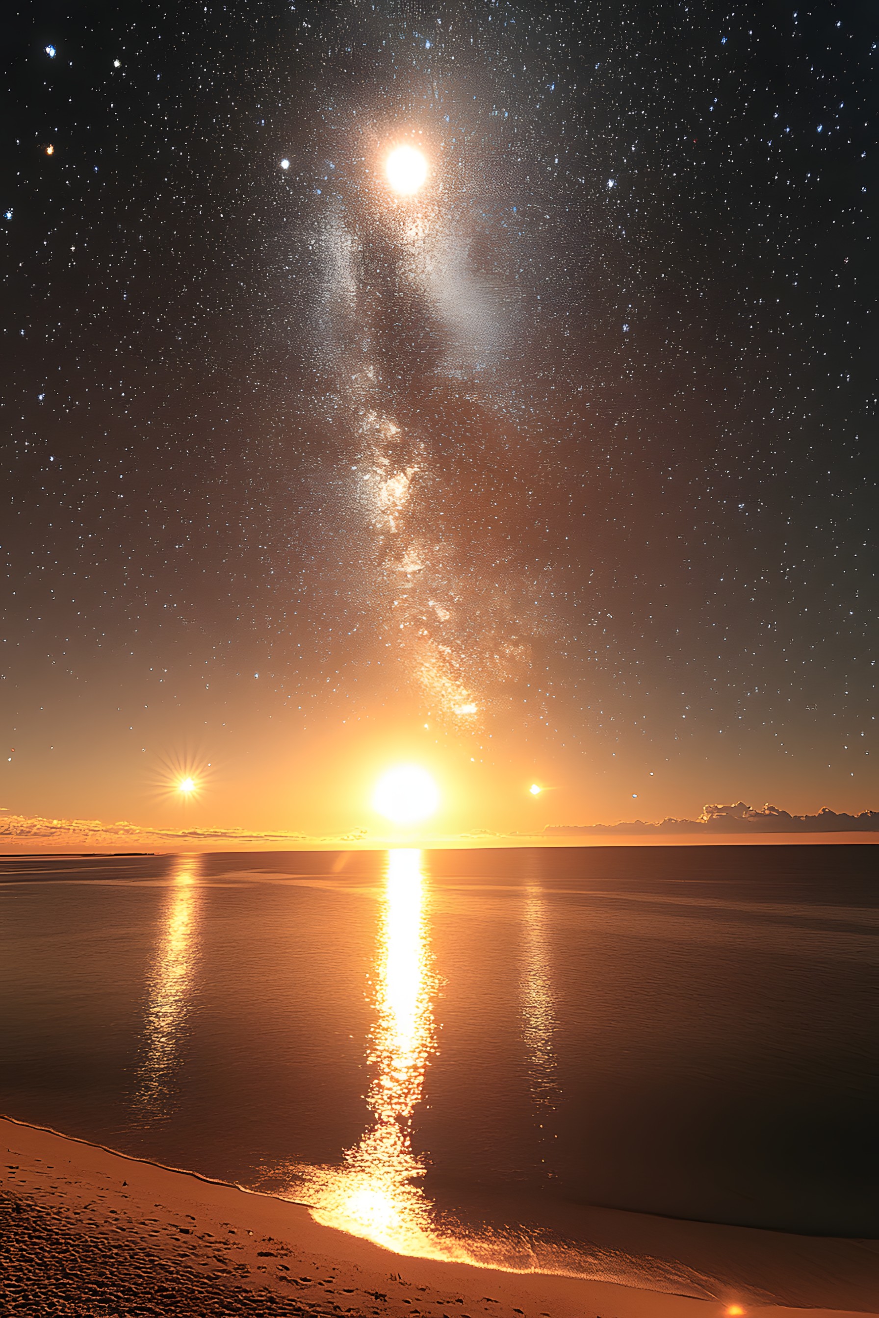 Sun, Horizon, Astronomical object, Sunrise, Sunset, atmospheric phenomenon, Star, Orange, Astronomy, Liquid, Dusk, Afterglow, Sunlight, Evening, Sea, Morning, Universe, Reflection, Shore, Galaxy