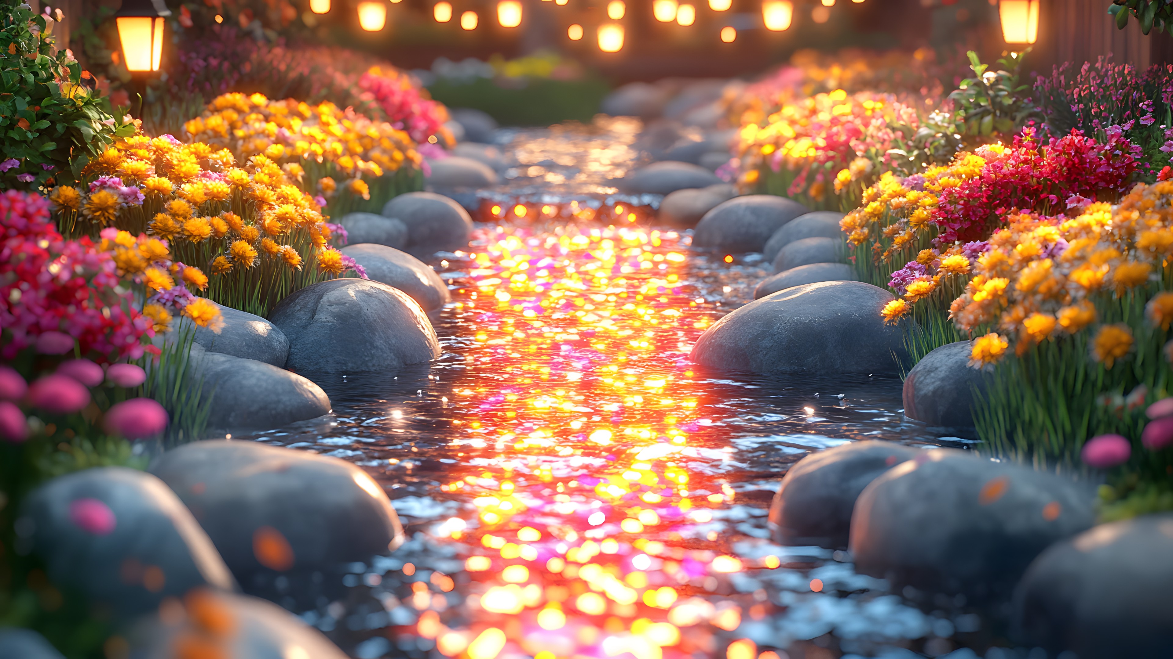 Yellow, Orange, Petal, Garden, Landscape lighting, Botanical garden, Autumn, Pebble, Stream, Spring