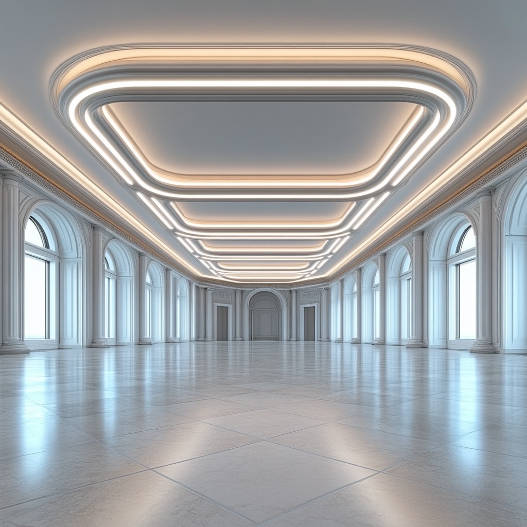 Ceiling, Architecture, Flooring, Column, Molding, Symmetry, Silver, Design, Hall, Plaster, Cleanliness, Tile Flooring