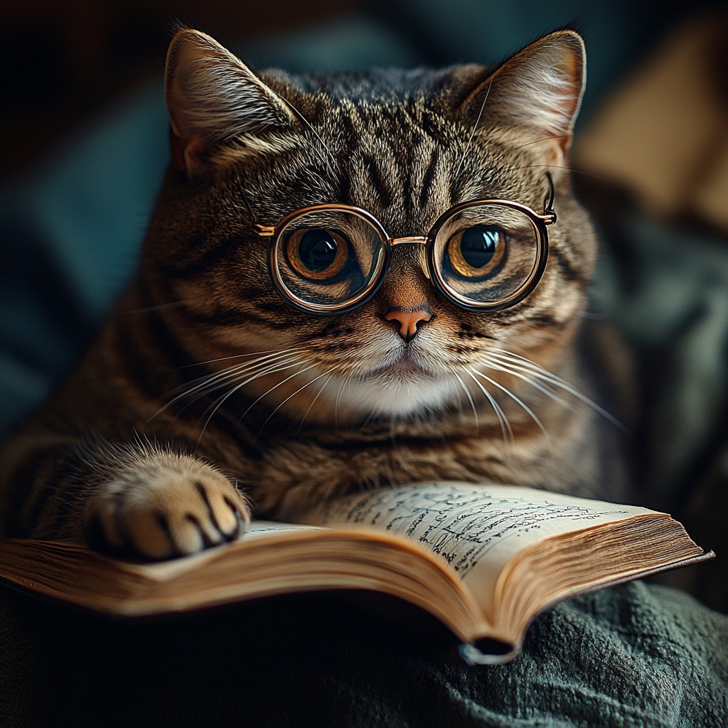 Glasses, Cat, Eye, Felidae, Carnivore, Small to medium-sized cats, Whiskers, Tree, Snout, Wood, Pet supply, Cat supply, Close-up, Publication, Book, Fur, Domestic short-haired cat, Comfort, Wildlife, Photo caption