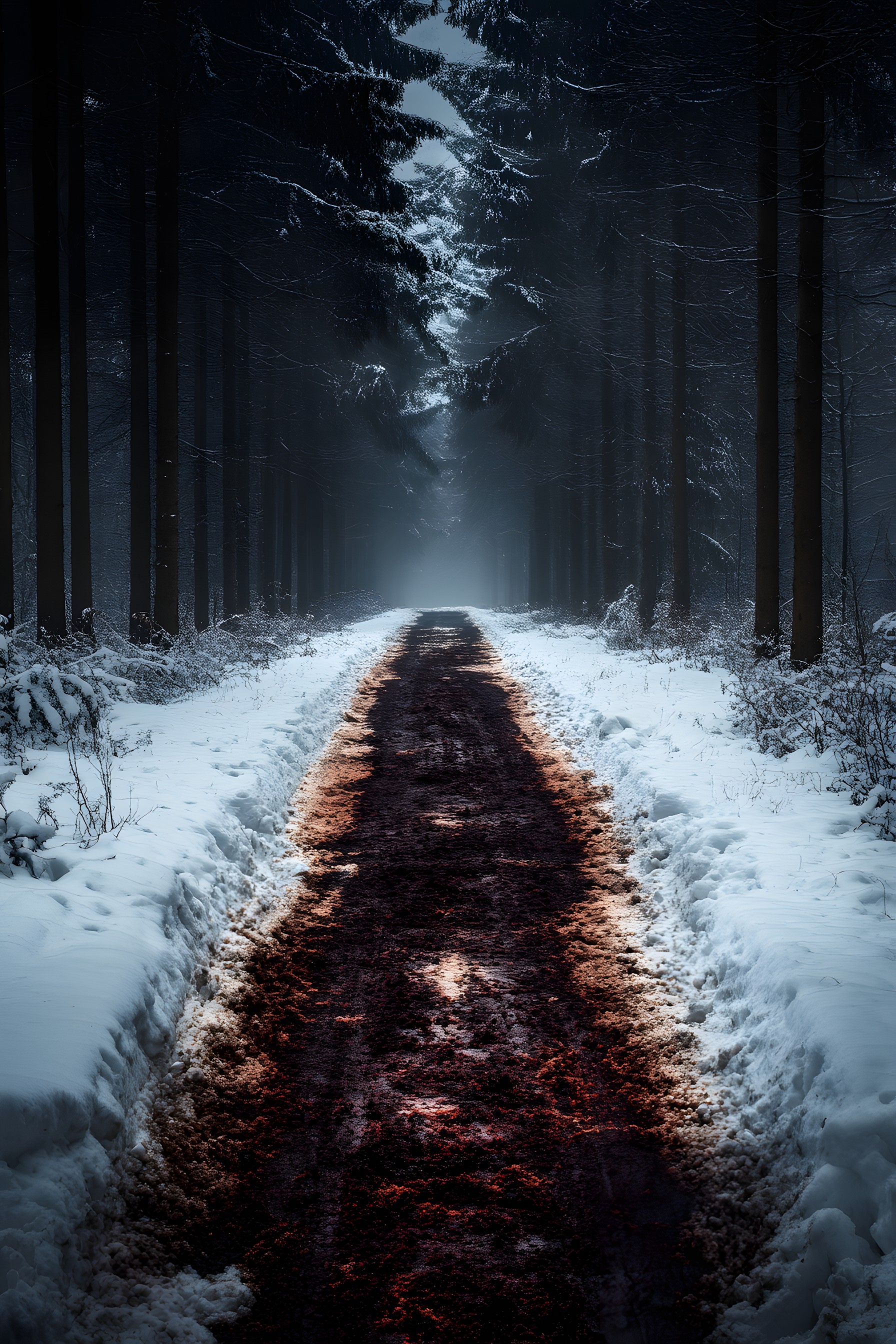 Wood, Winter, Road, atmospheric phenomenon, Forest, Spruce-fir forests, Trail, Freezing, Snow, Trunk, Woodland, Frost, Grove, Old-growth forest, Northern hardwood forest, Evening, Walkway, Conifers, Tropical and subtropical coniferous forests, Night