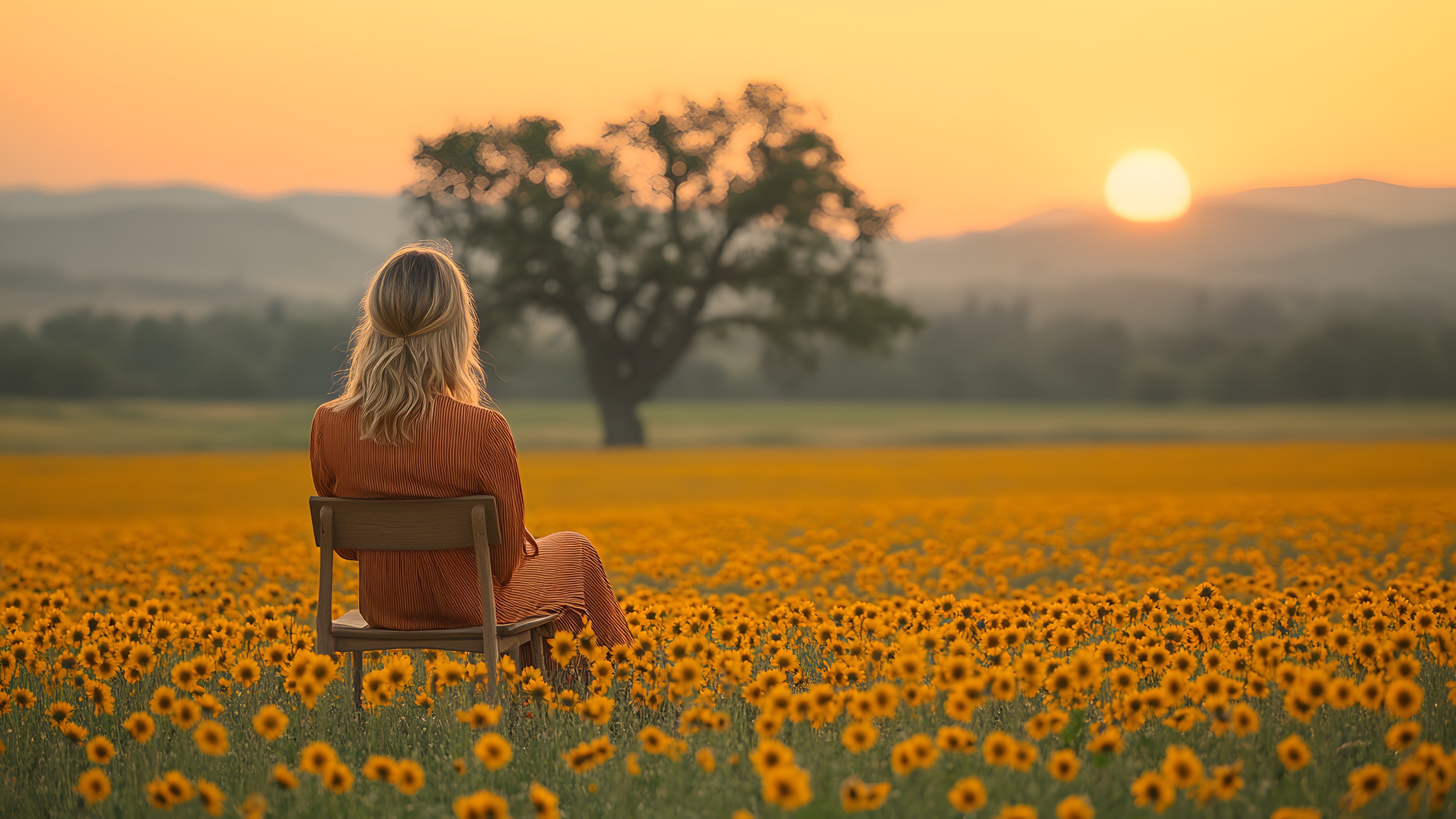 Yellow, Field, Sunset, Sunrise, People in nature, Meadow, Sunlight, Morning, Dusk, Evening, Prairie, Blond, Agriculture, Backlighting, Wildflower, Plantation, Farm, Afterglow, Sun, Sunflowers
