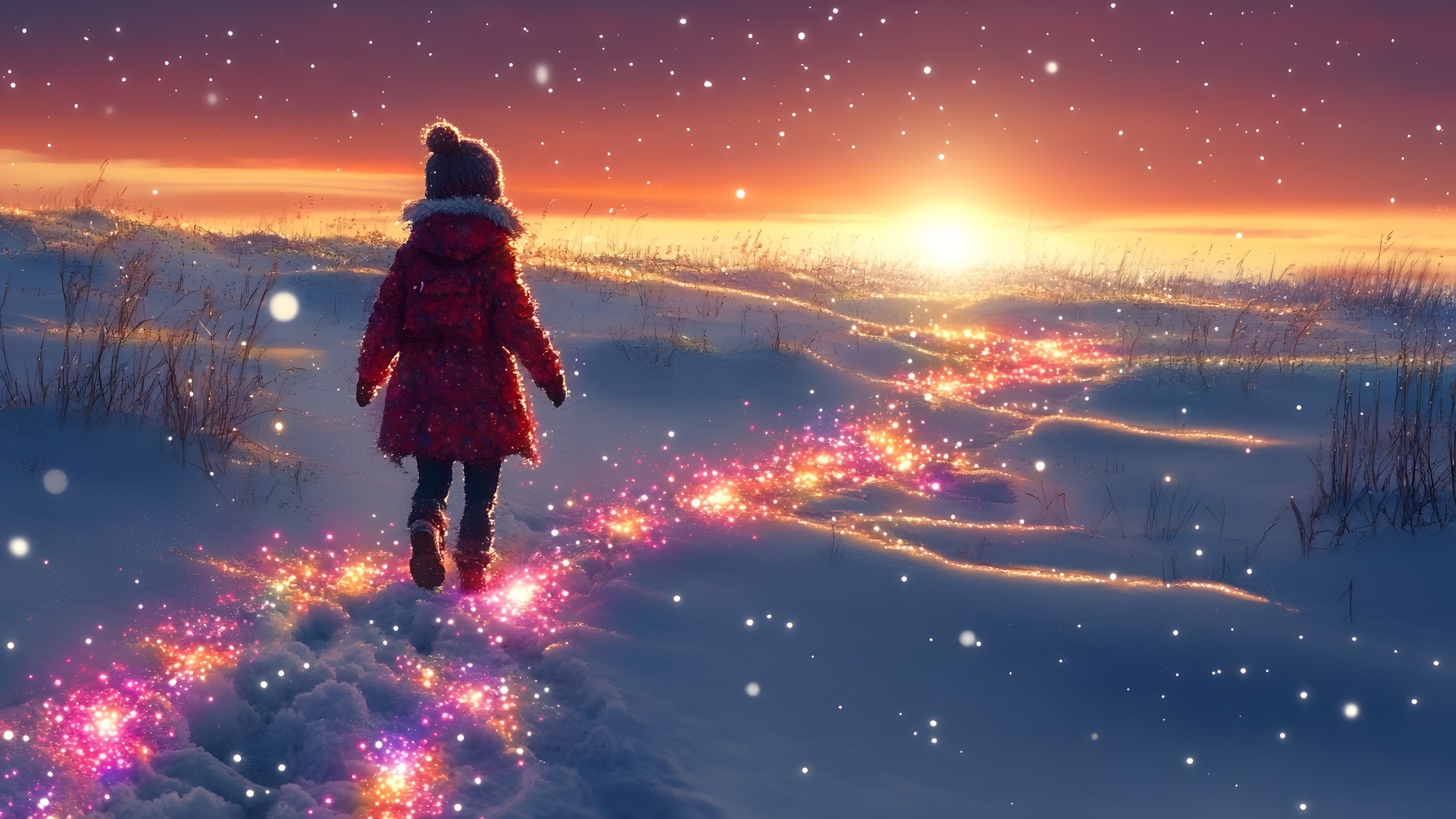 Winter, Star, Precipitation, People in nature, Astronomical object, Night, Lens flare, Sunrise, Happiness, Love, Snow, Evening, Walking, Universe, Child