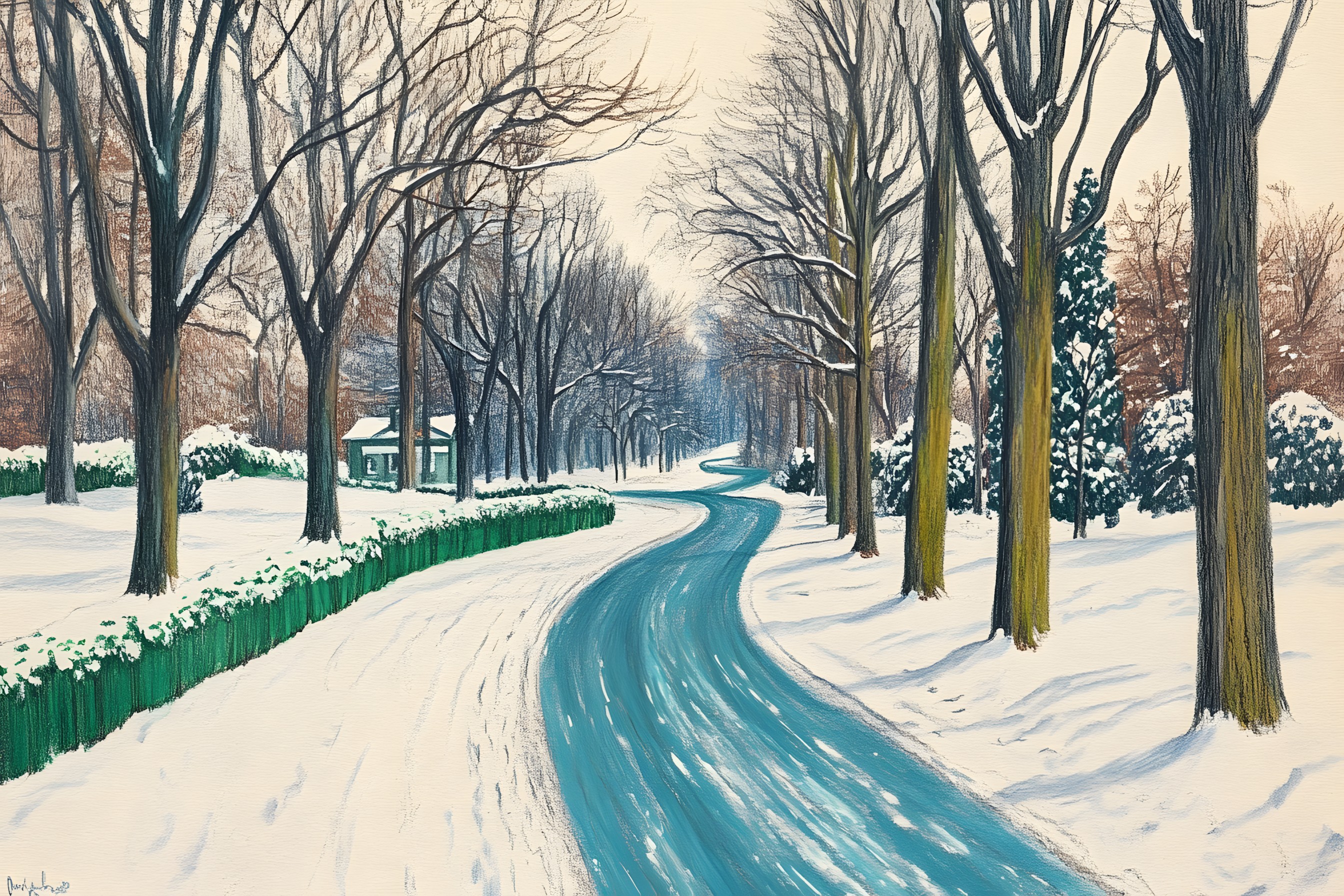 Branch, Winter, Road, Snow, Freezing, Trunk, Twig, Precipitation, Frost, Woodland, Paint, Path, Grove, Walkway, Watercolor painting, Ice